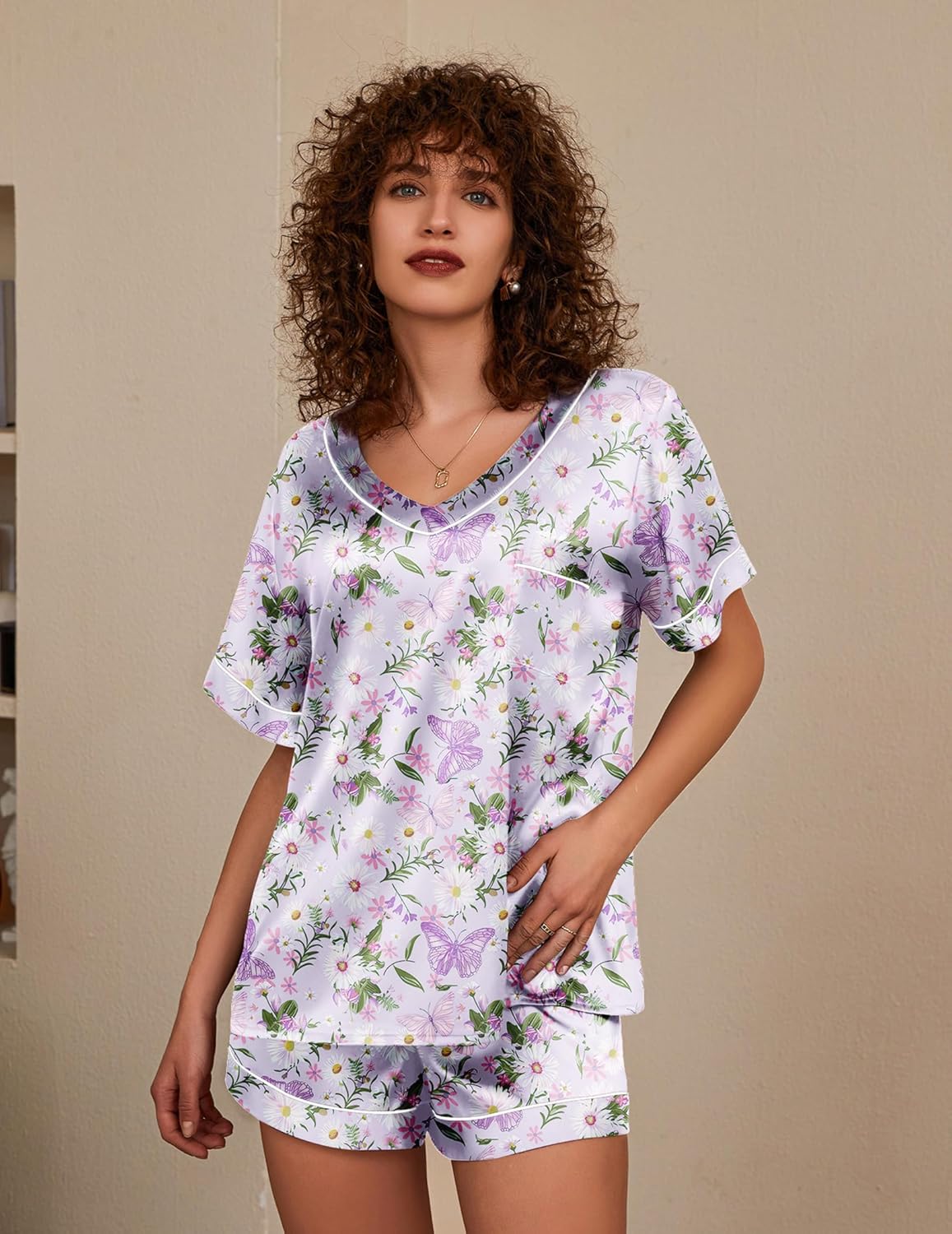 Pyjama für Damen Kurzarm Satin Pyjama Set Zweiteiler Weich Nachtwäsche Loungewear - Bild 91 von 101