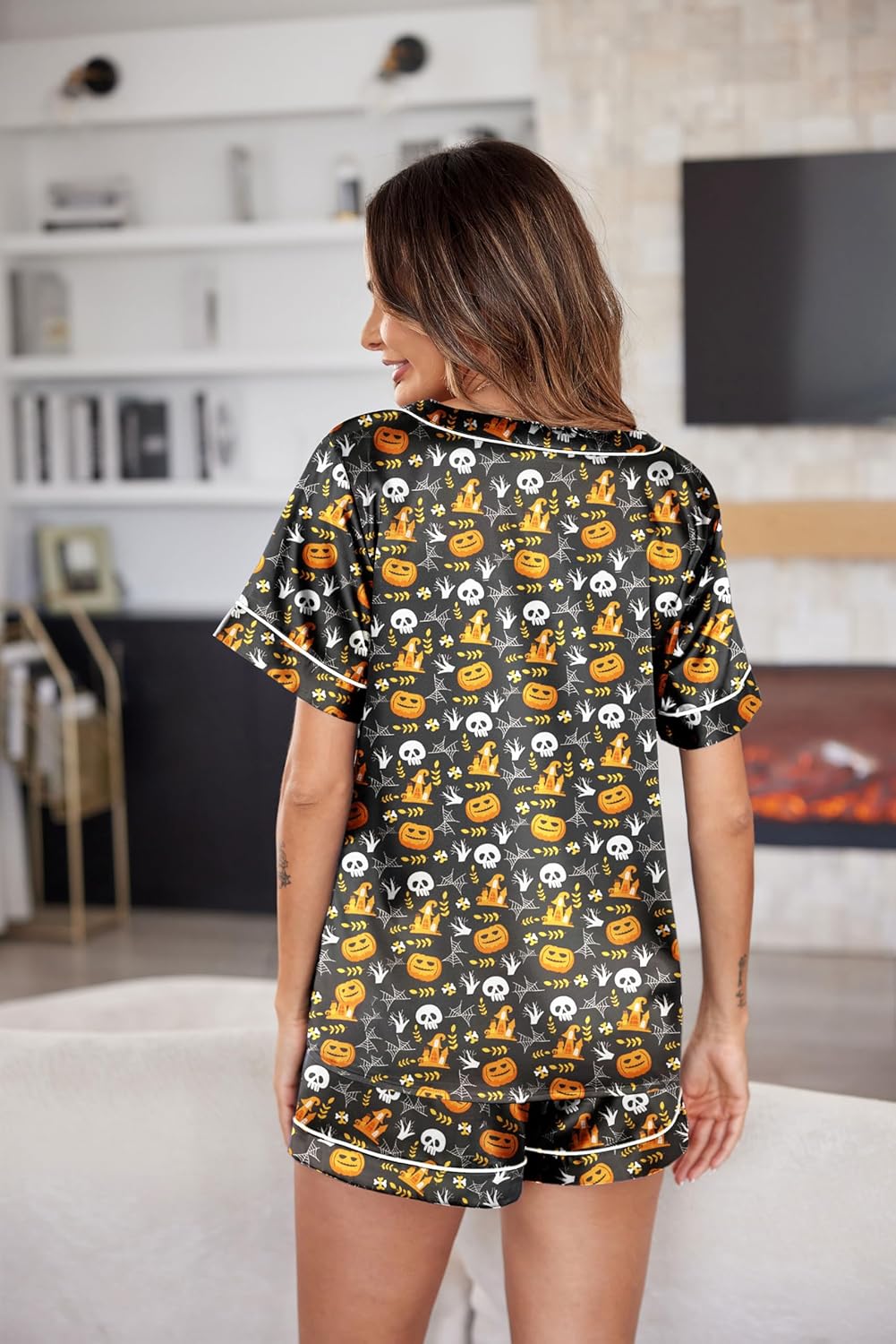 Pyjama für Damen Kurzarm Satin Pyjama Set Zweiteiler Weich Nachtwäsche Loungewear - Bild 101 von 101