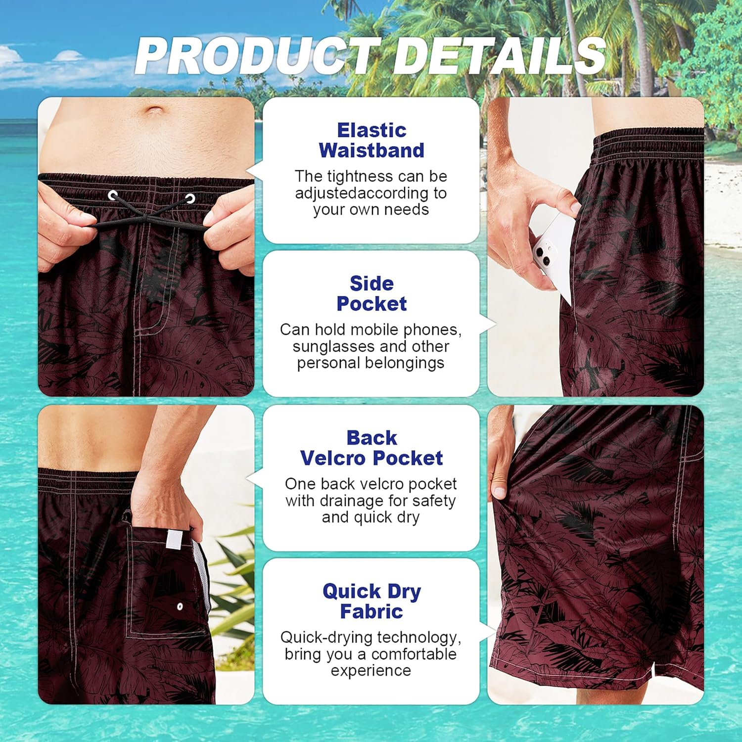 Herren Badehose schnelltrocknend Boardshorts mit Netzfutter Strandshorts Bademode - Bild 38 von 186