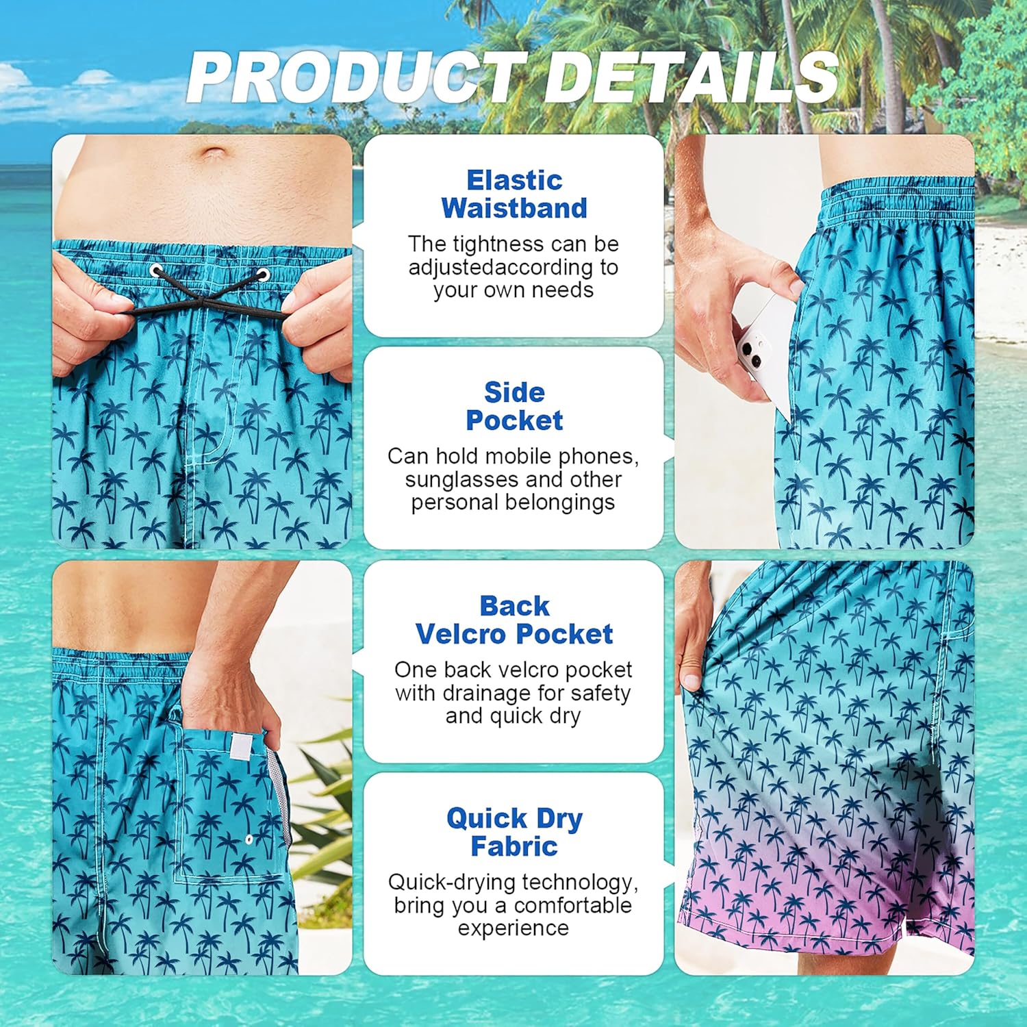 Herren Badehose schnelltrocknend Boardshorts mit Netzfutter Strandshorts Bademode - Bild 45 von 186