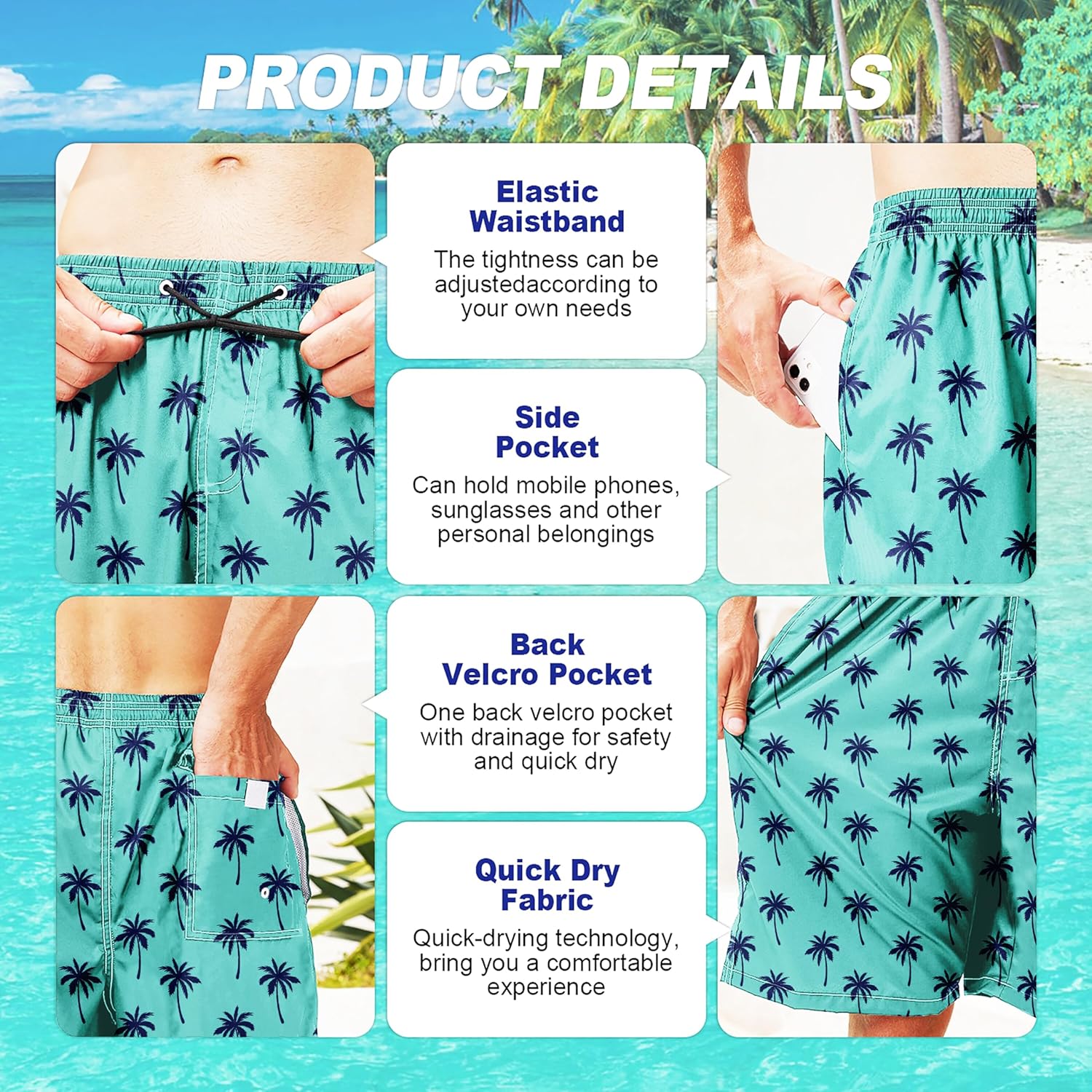 Herren Badehose schnelltrocknend Boardshorts mit Netzfutter Strandshorts Bademode - Bild 56 von 186