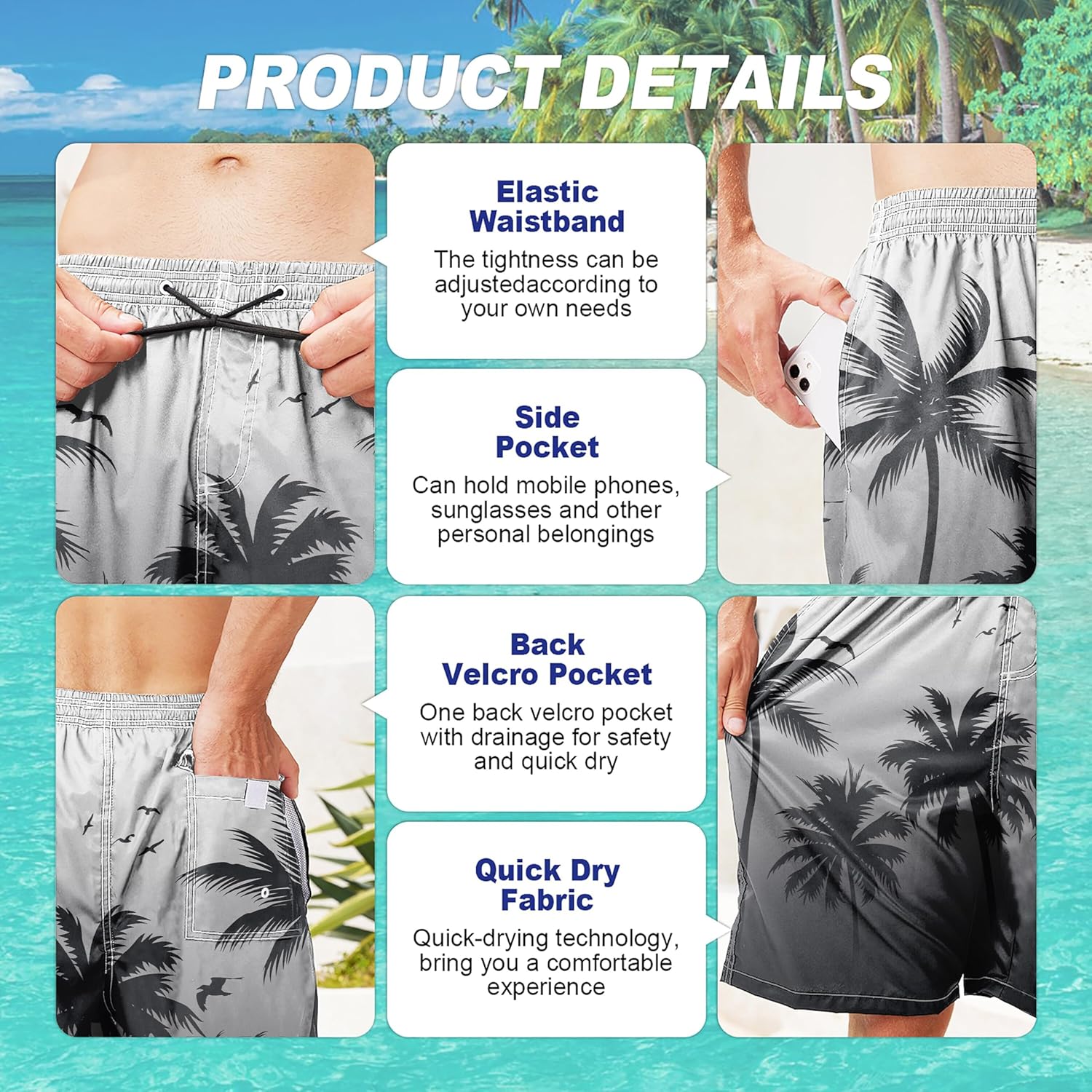 Herren Badehose schnelltrocknend Boardshorts mit Netzfutter Strandshorts Bademode - Bild 68 von 186