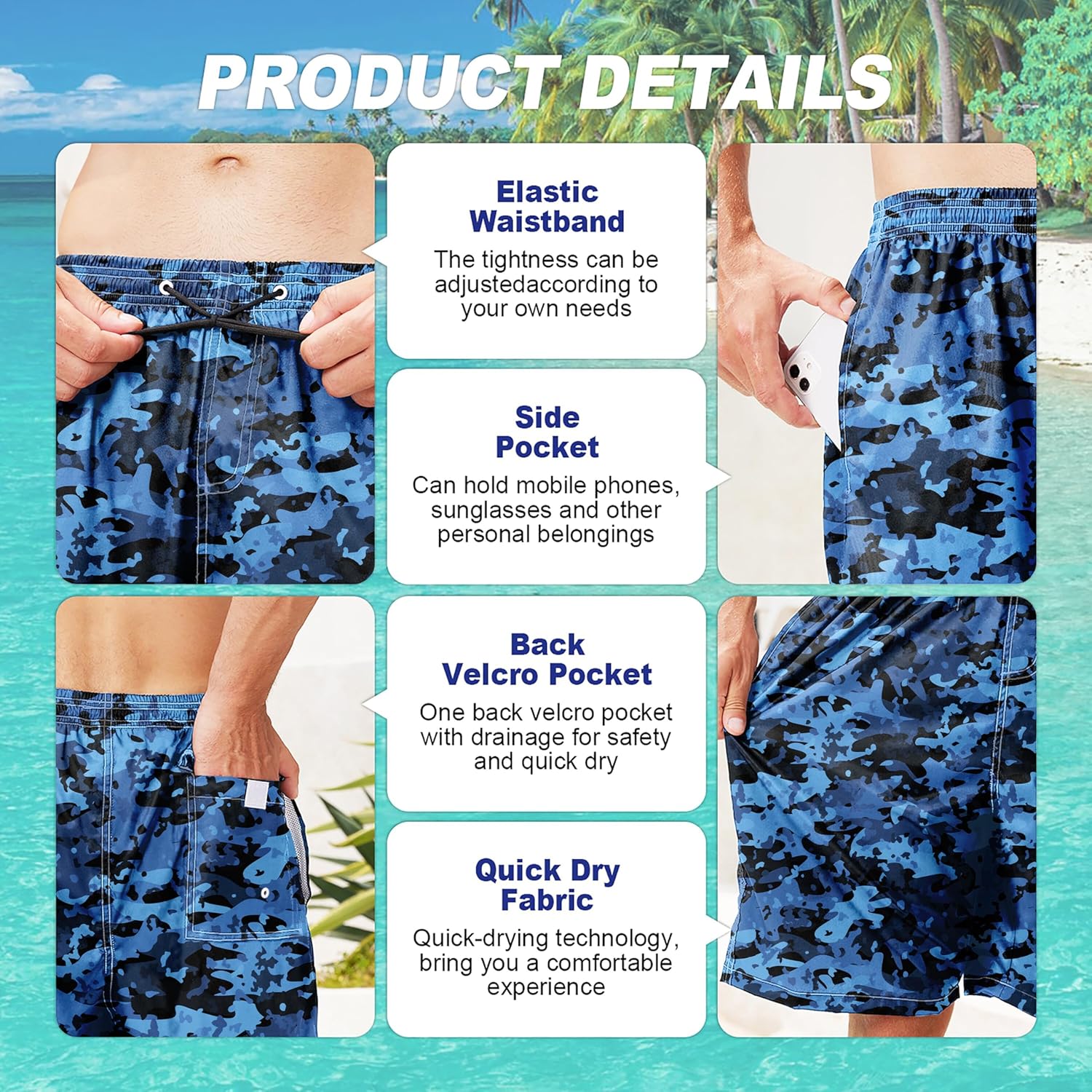 Herren Badehose schnelltrocknend Boardshorts mit Netzfutter Strandshorts Bademode - Bild 81 von 186