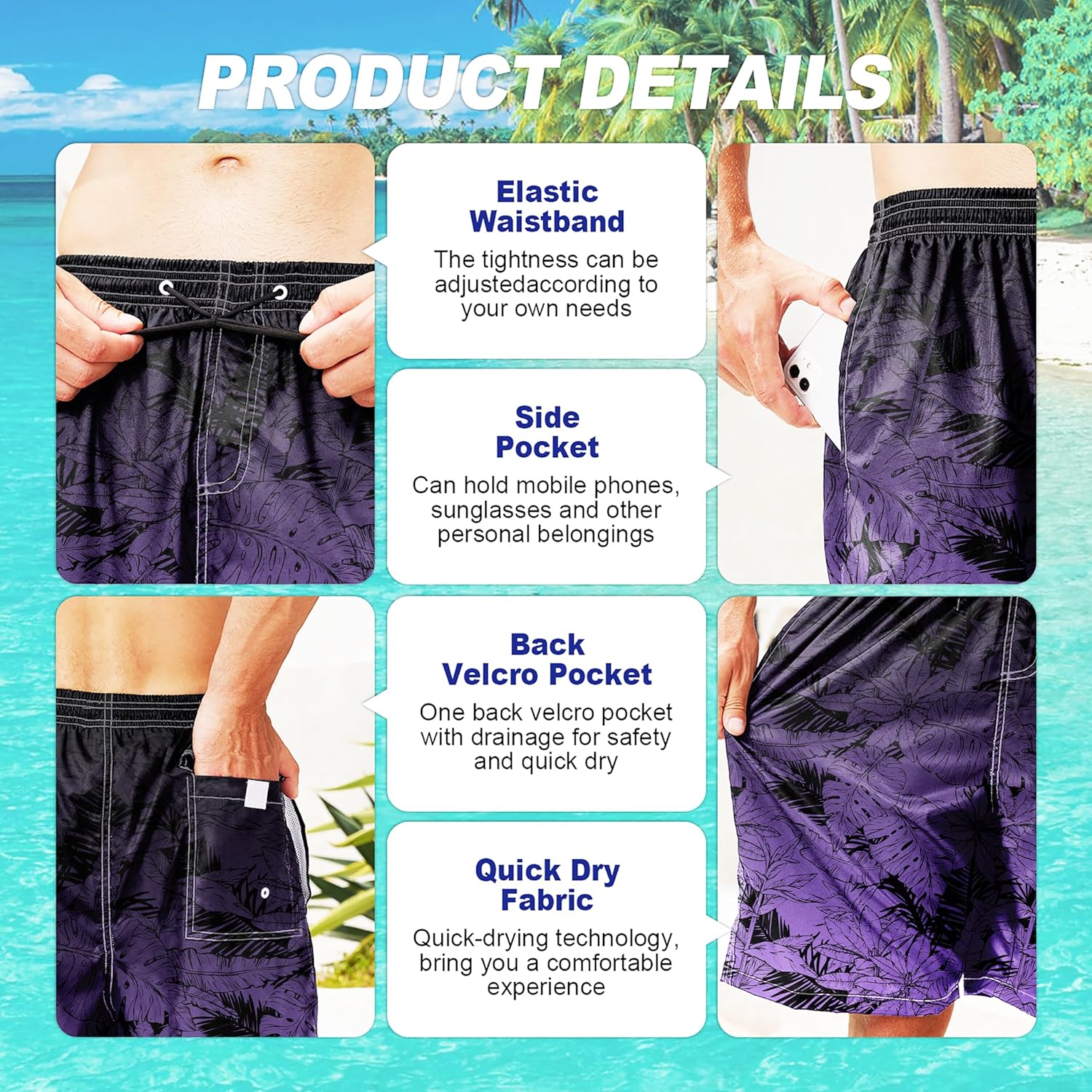 Herren Badehose schnelltrocknend Boardshorts mit Netzfutter Strandshorts Bademode - Bild 97 von 186