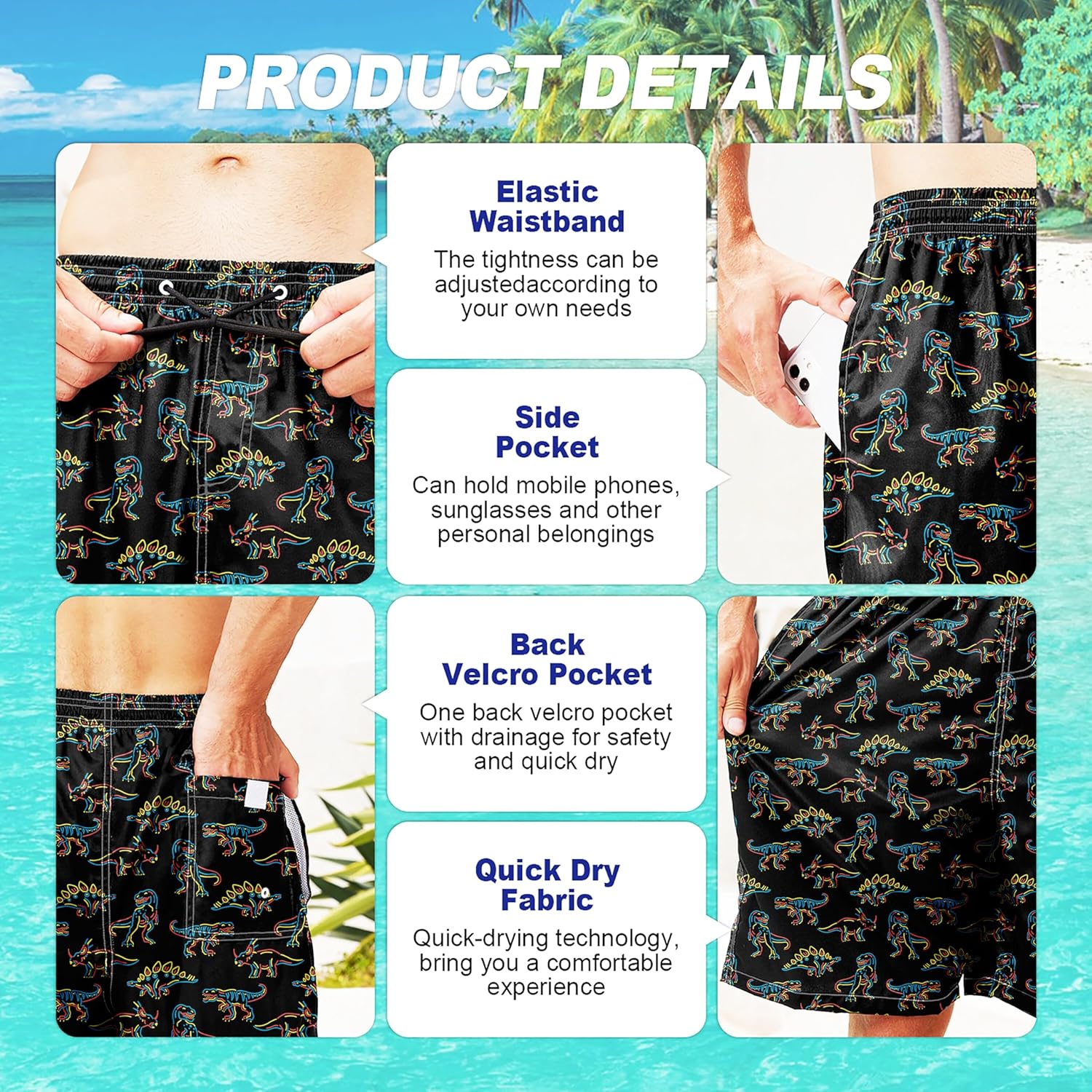 Herren Badehose schnelltrocknend Boardshorts mit Netzfutter Strandshorts Bademode - Bild 112 von 186