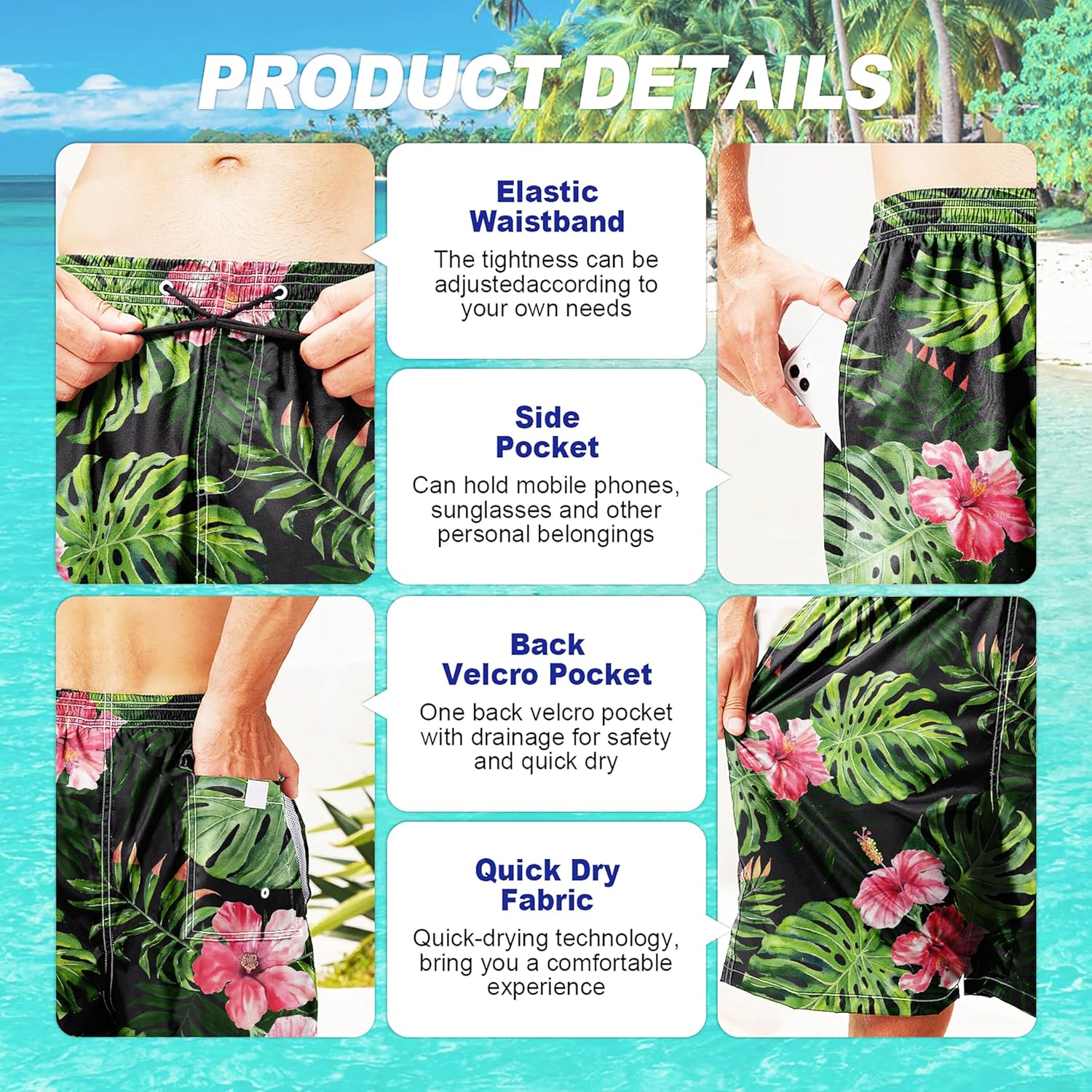 Herren Badehose schnelltrocknend Boardshorts mit Netzfutter Strandshorts Bademode - Bild 121 von 186