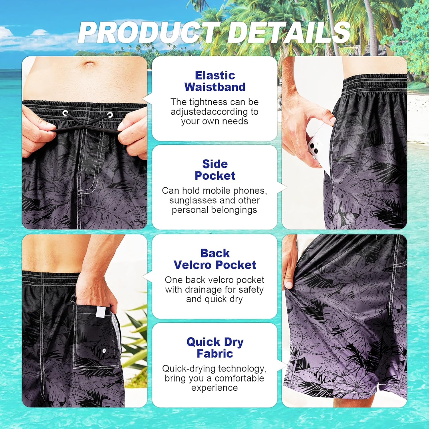 Herren Badehose schnelltrocknend Boardshorts mit Netzfutter Strandshorts Bademode - Bild 142 von 186