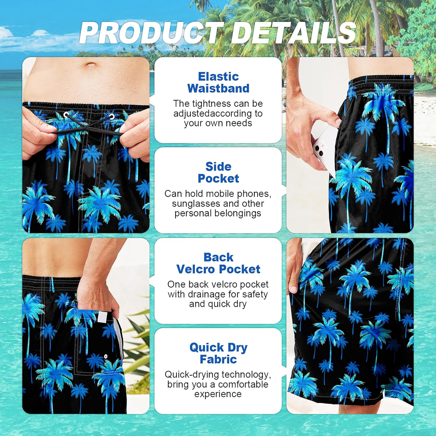Herren Badehose schnelltrocknend Boardshorts mit Netzfutter Strandshorts Bademode - Bild 150 von 186