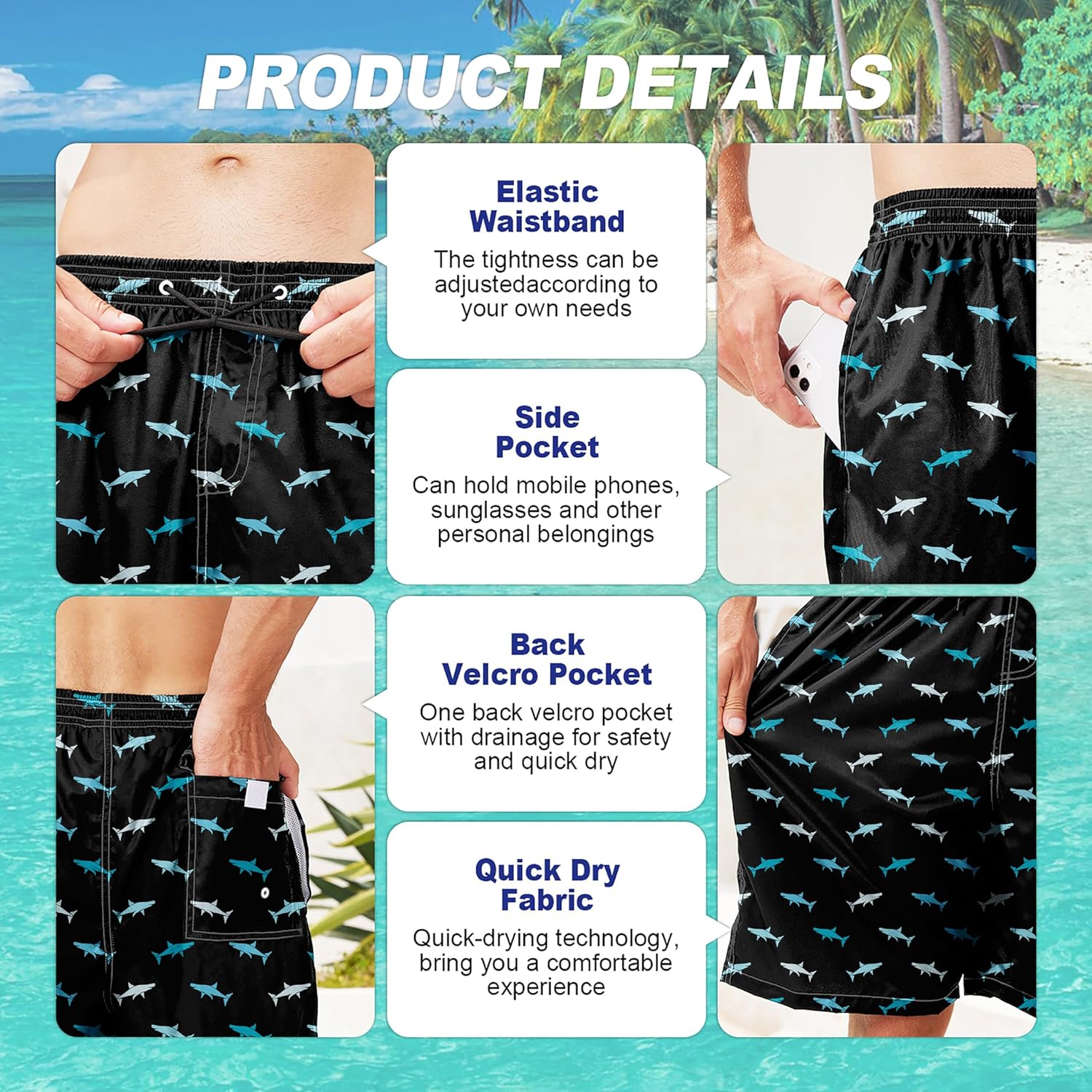 Herren Badehose schnelltrocknend Boardshorts mit Netzfutter Strandshorts Bademode - Bild 163 von 186