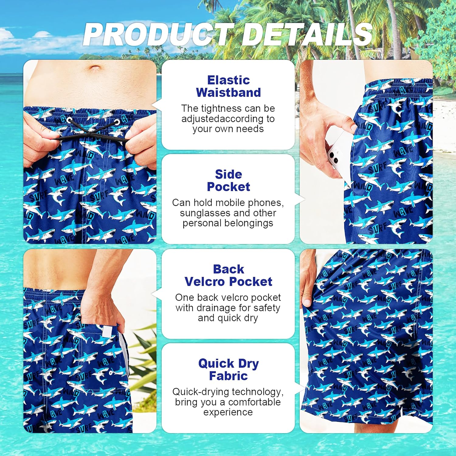 Herren Badehose schnelltrocknend Boardshorts mit Netzfutter Strandshorts Bademode - Bild 169 von 186