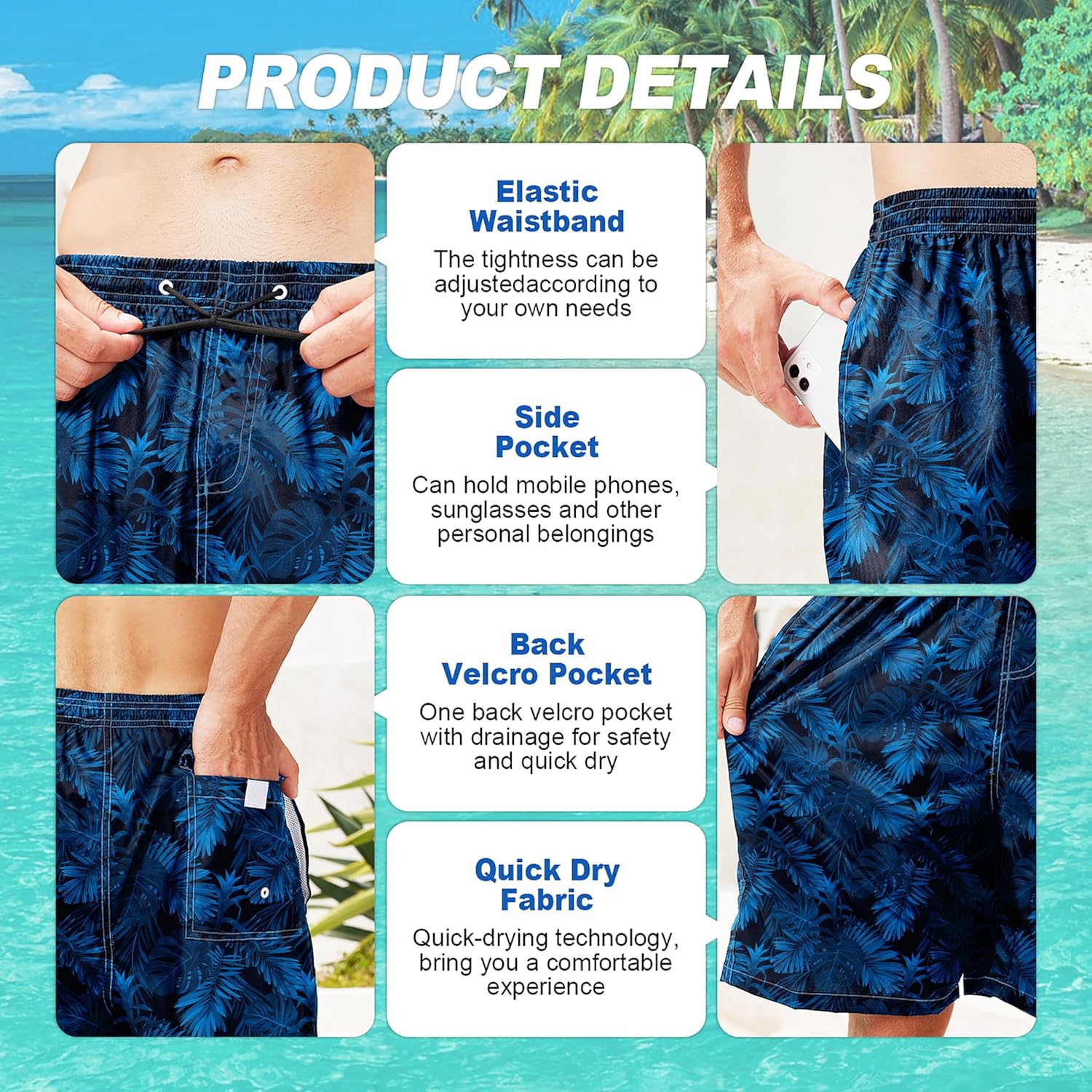 Herren Badehose schnelltrocknend Boardshorts mit Netzfutter Strandshorts Bademode - Bild 173 von 186