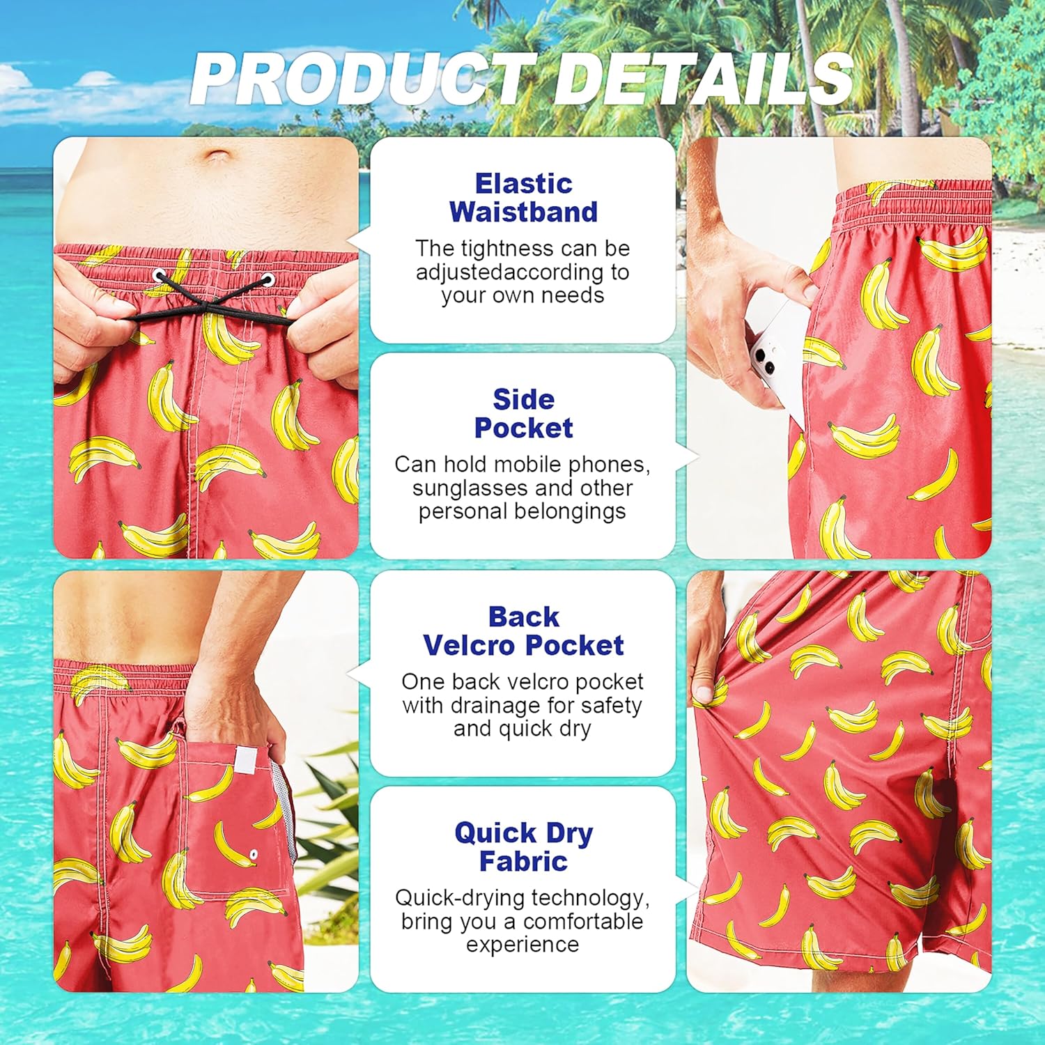 Herren Badehose schnelltrocknend Boardshorts mit Netzfutter Strandshorts Bademode - Bild 186 von 186