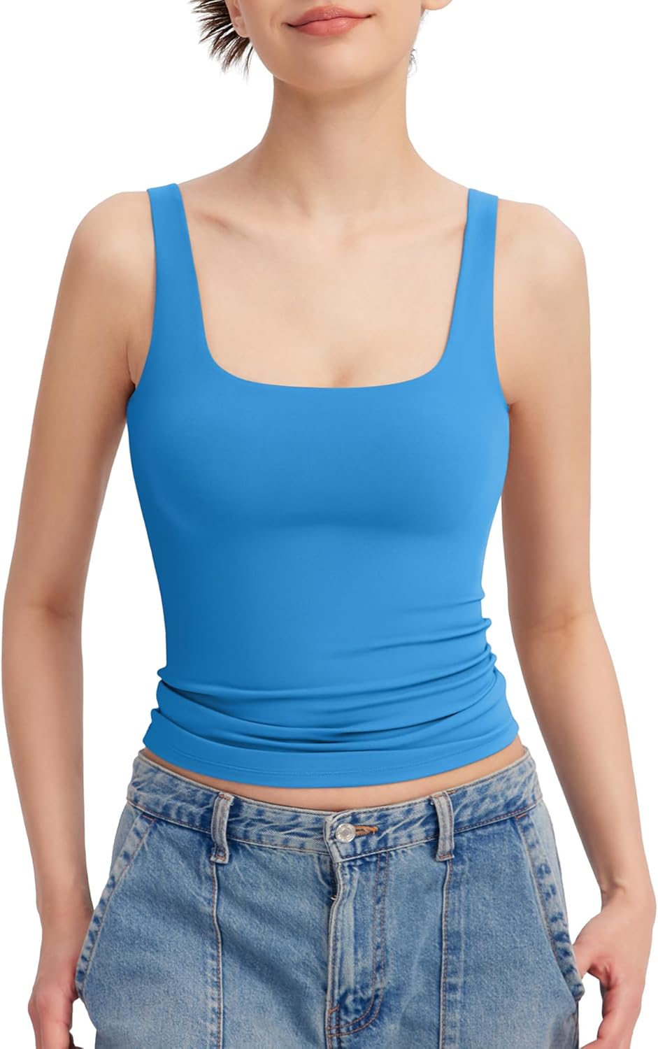 Women's Square Neck Tank Top Sleeveless Double Lined Basic Tops Sharp Collection - Picture 35 of 80