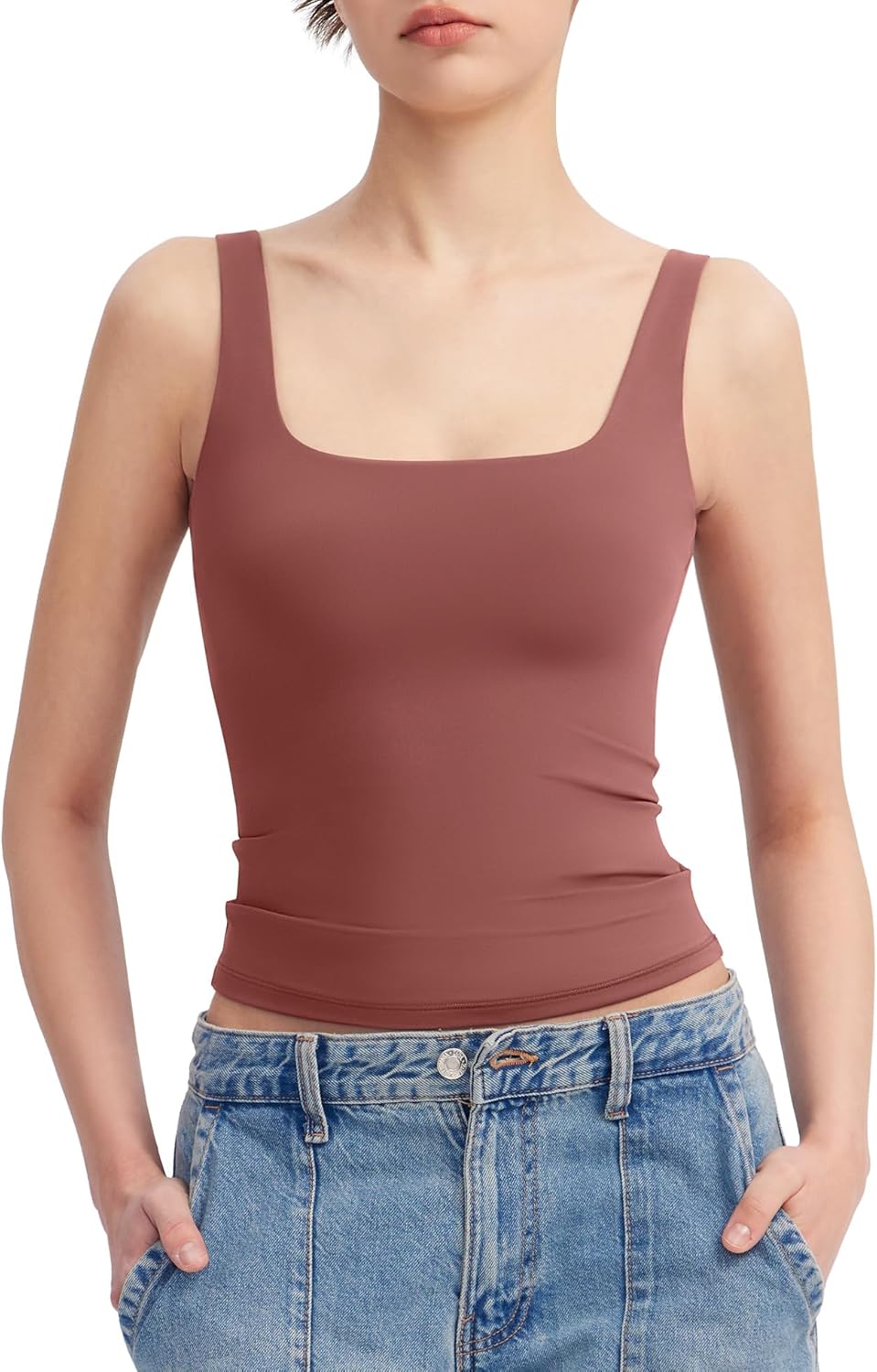 Women's Square Neck Tank Top Sleeveless Double Lined Basic Tops Sharp Collection - Picture 41 of 80