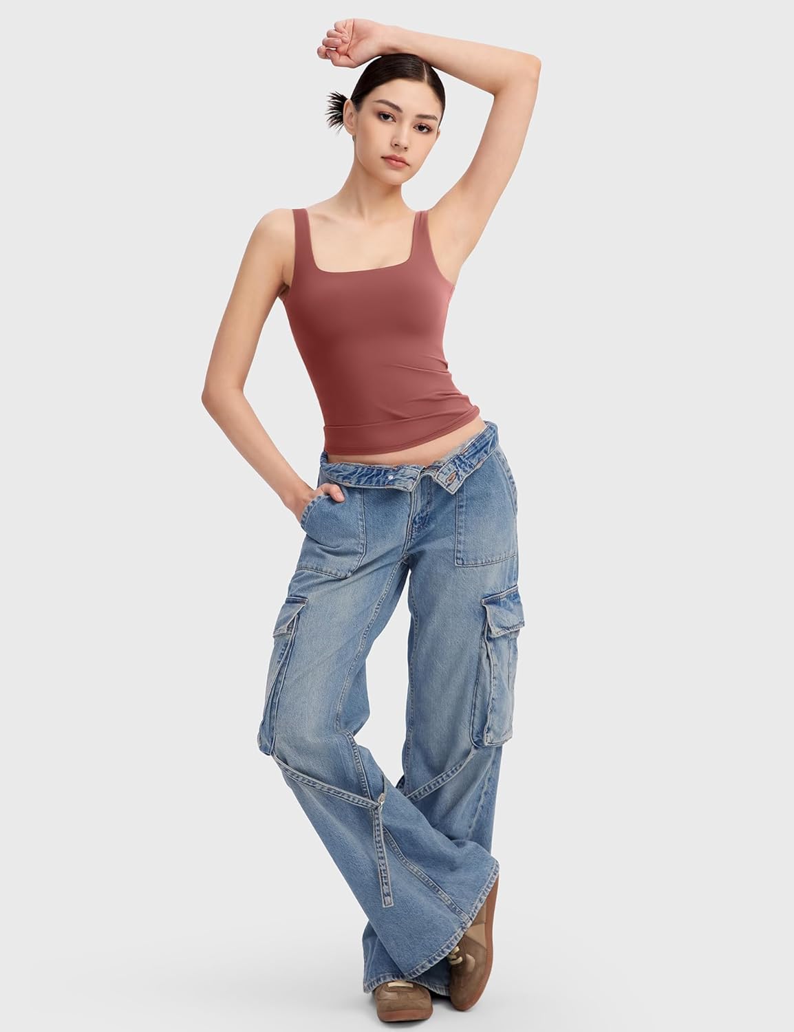 Women's Square Neck Tank Top Sleeveless Double Lined Basic Tops Sharp Collection - Picture 45 of 80