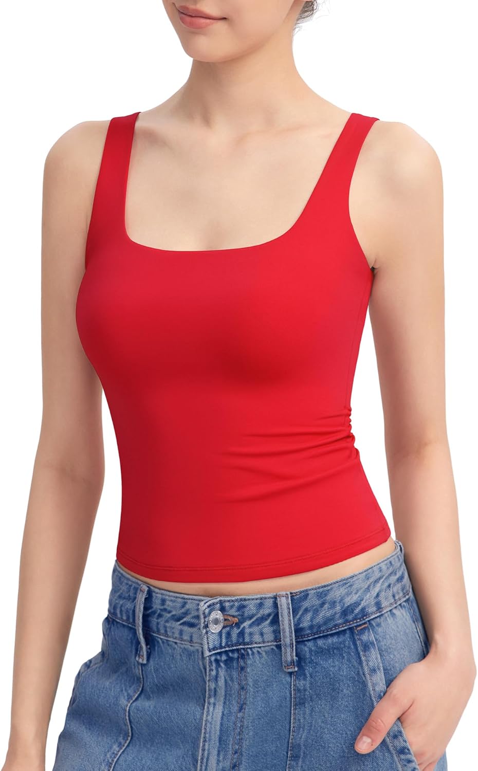 Women's Square Neck Tank Top Sleeveless Double Lined Basic Tops Sharp Collection - Picture 47 of 80