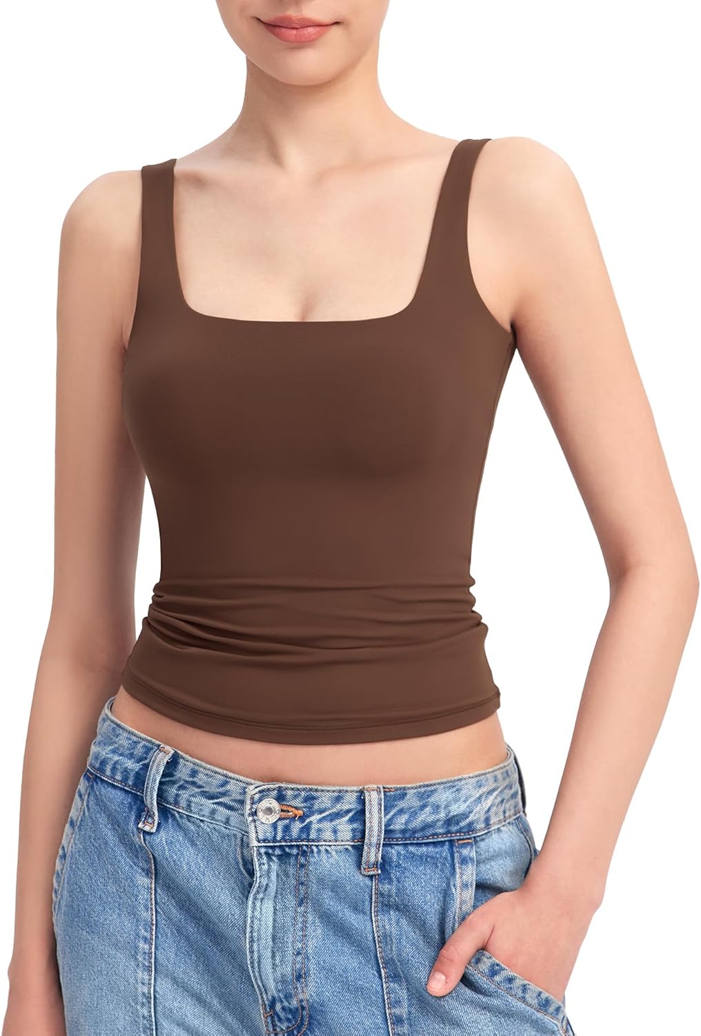 Women's Square Neck Tank Top Sleeveless Double Lined Basic Tops Sharp Collection - Picture 64 of 80