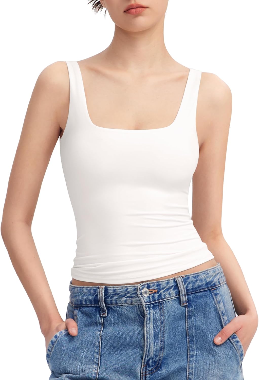 Women's Square Neck Tank Top Sleeveless Double Lined Basic Tops Sharp Collection - Picture 70 of 80