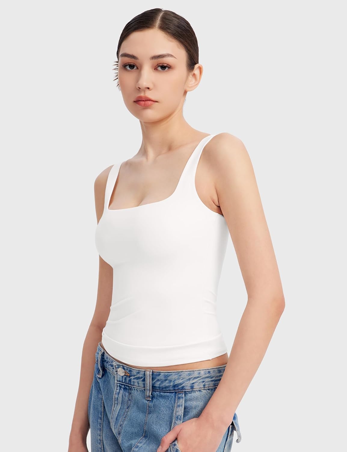 Women's Square Neck Tank Top Sleeveless Double Lined Basic Tops Sharp Collection - Picture 72 of 80