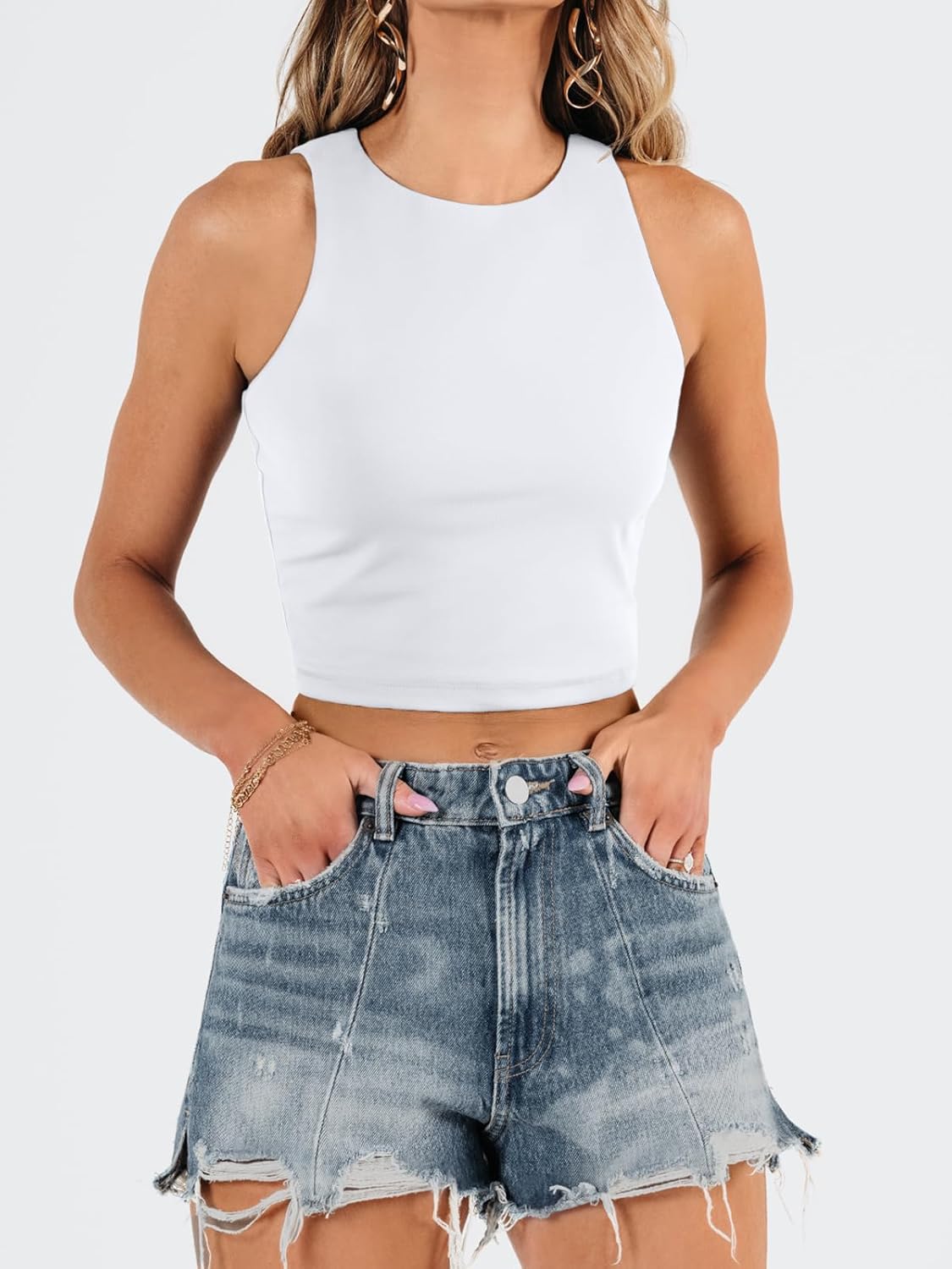 Damen ärmellose bauchfreie Tops Training Racerback Cropped Tank Tops Sommer Kleidung - Bild 31 von 154