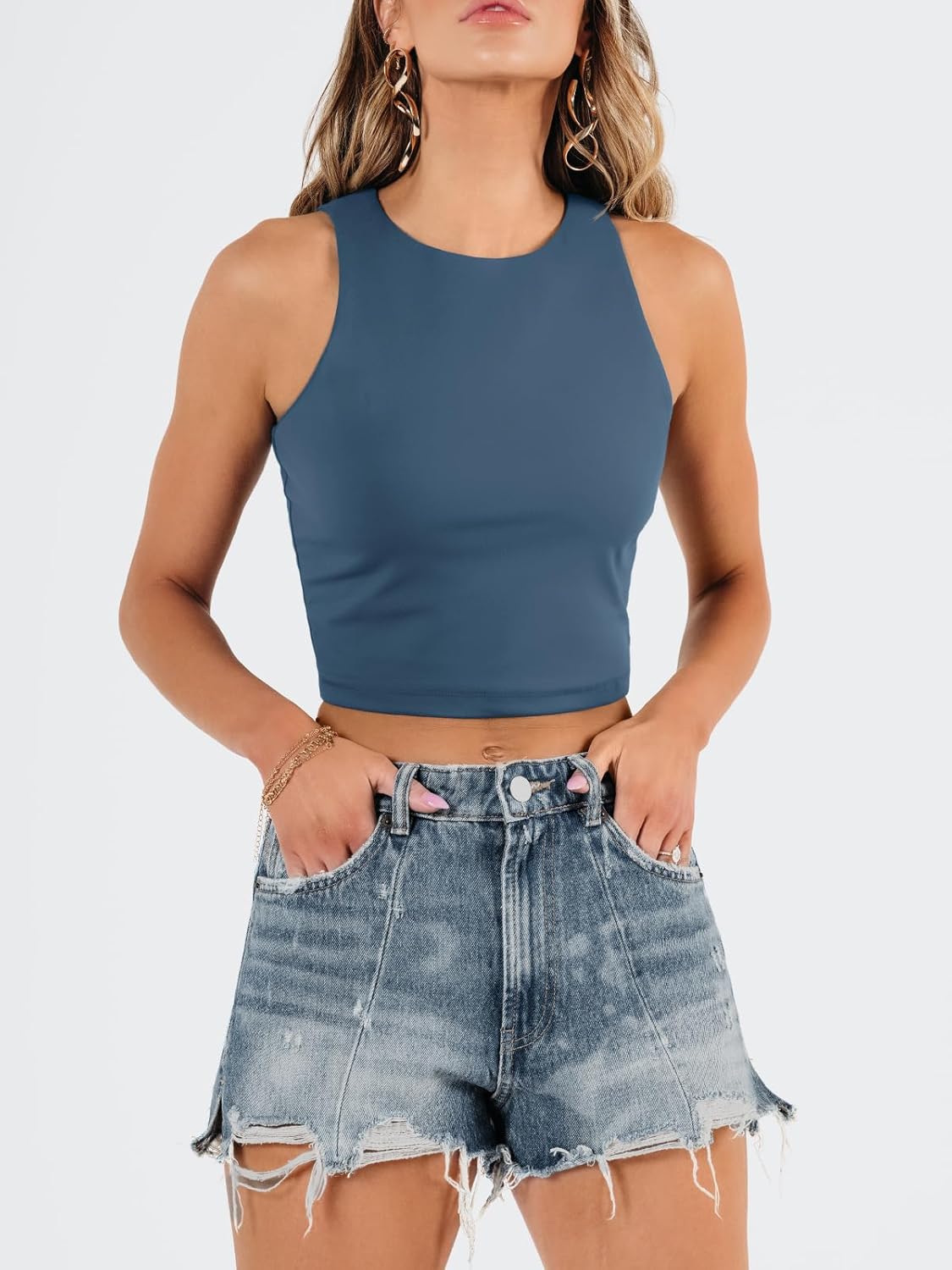 Damen ärmellose bauchfreie Tops Training Racerback Cropped Tank Tops Sommer Kleidung - Bild 64 von 154