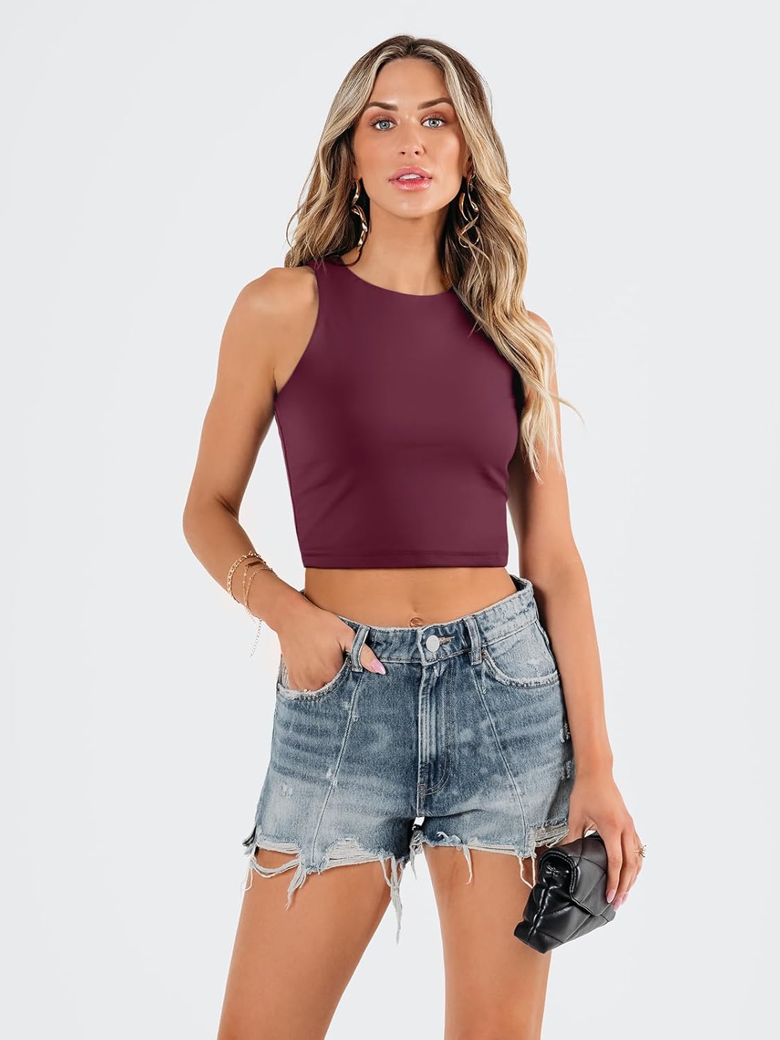 Damen ärmellose bauchfreie Tops Training Racerback Cropped Tank Tops Sommer Kleidung - Bild 77 von 154