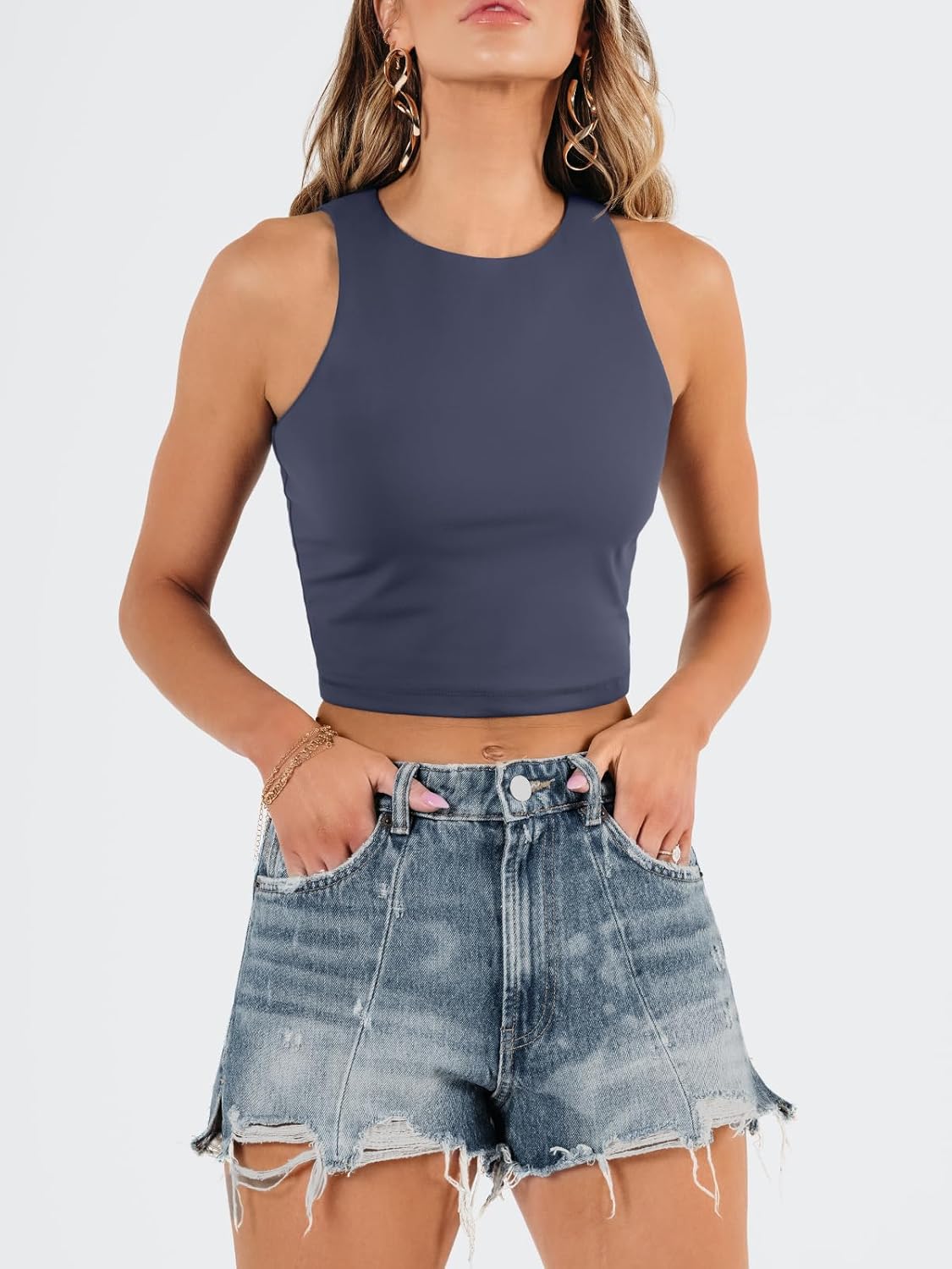 Damen ärmellose bauchfreie Tops Training Racerback Cropped Tank Tops Sommer Kleidung - Bild 81 von 154