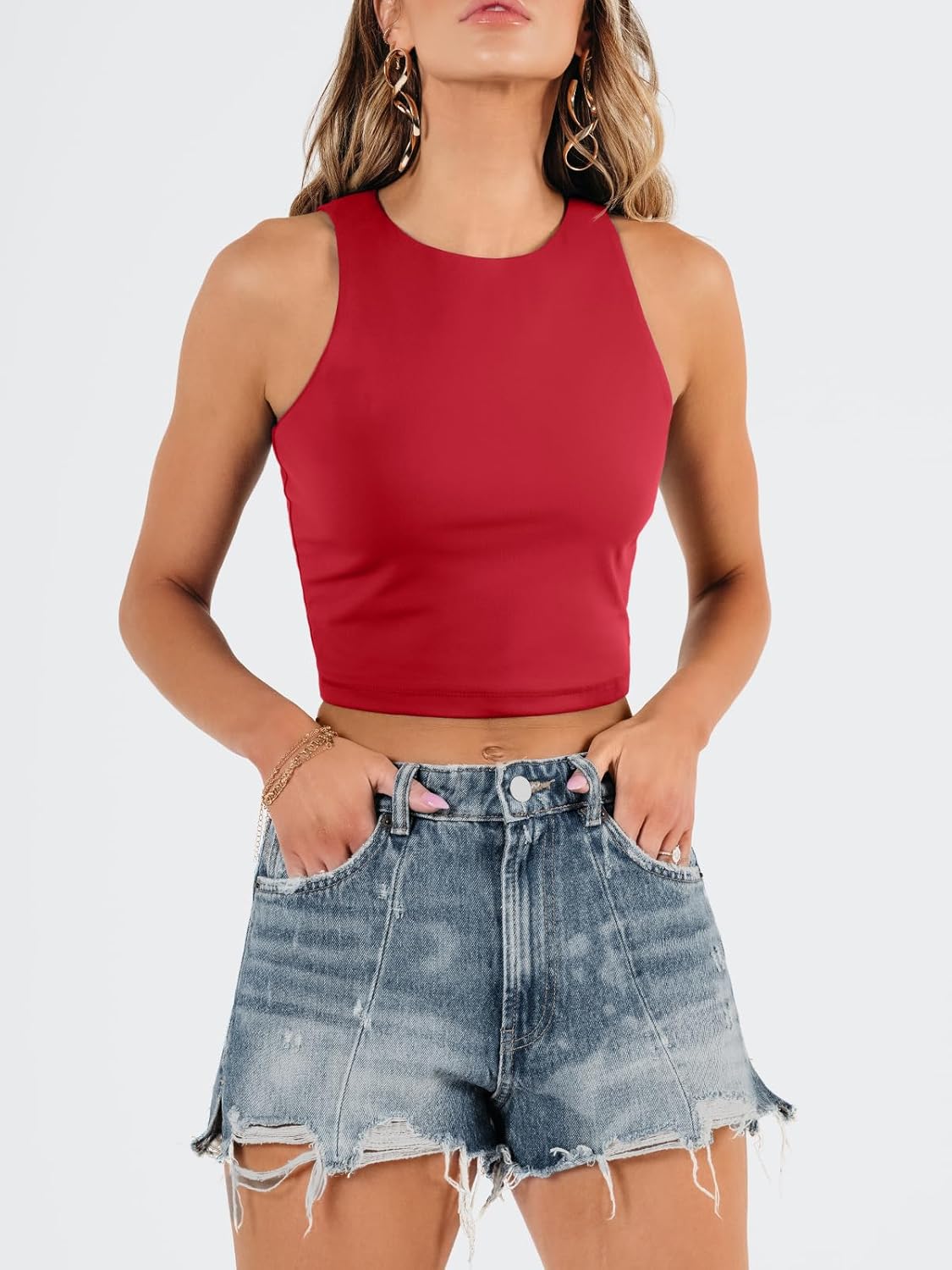 Damen ärmellose bauchfreie Tops Training Racerback Cropped Tank Tops Sommer Kleidung - Bild 119 von 154