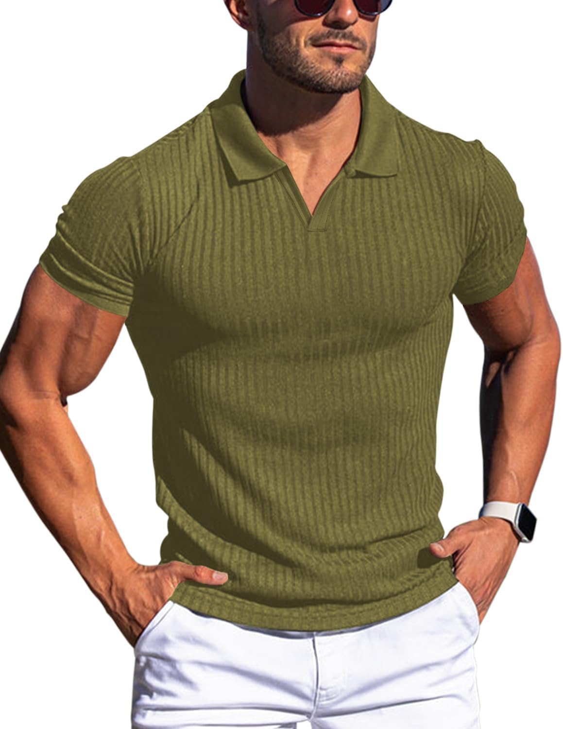 Men's Slim Fit Muscle V Neck Polo Shirt - Short Long Sleeve Cotton Golf Tee - Picture 25 of 162