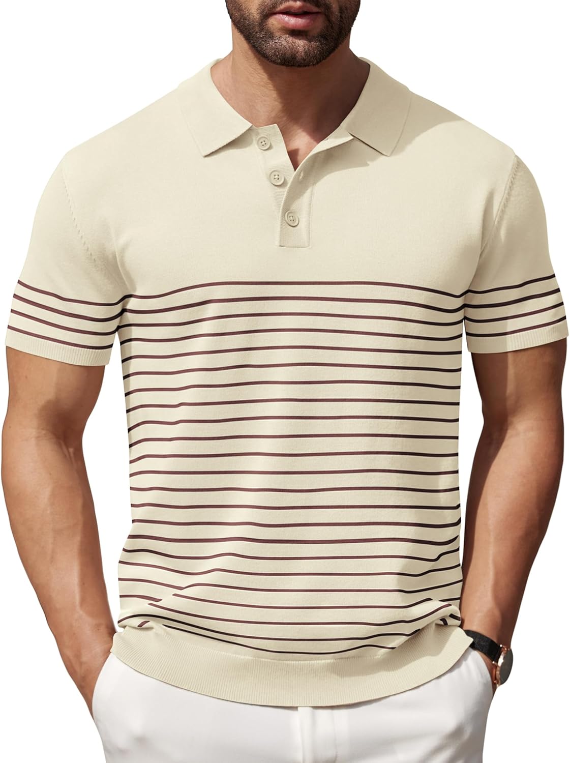 Camisa polo ligera a rayas para hombre - Camiseta de golf informal manga corta con cuello - Imagen 37 de 164