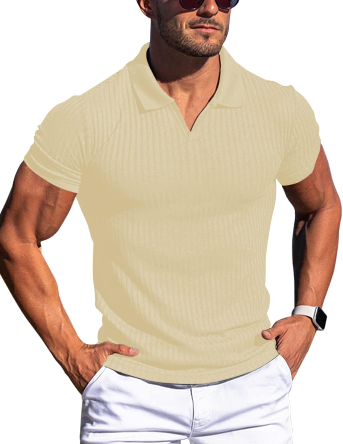 Men's Slim Fit Muscle V Neck Polo Shirt - Short Long Sleeve Cotton Golf Tee - Picture 32 of 162
