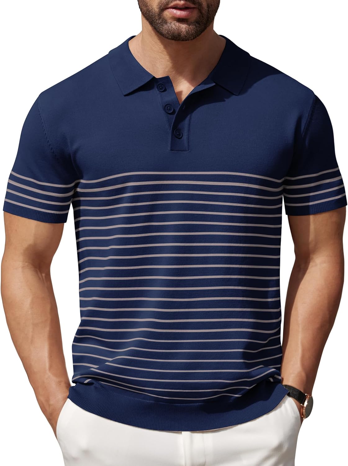 Camisa polo ligera a rayas para hombre - Camiseta de golf informal manga corta con cuello - Imagen 62 de 164