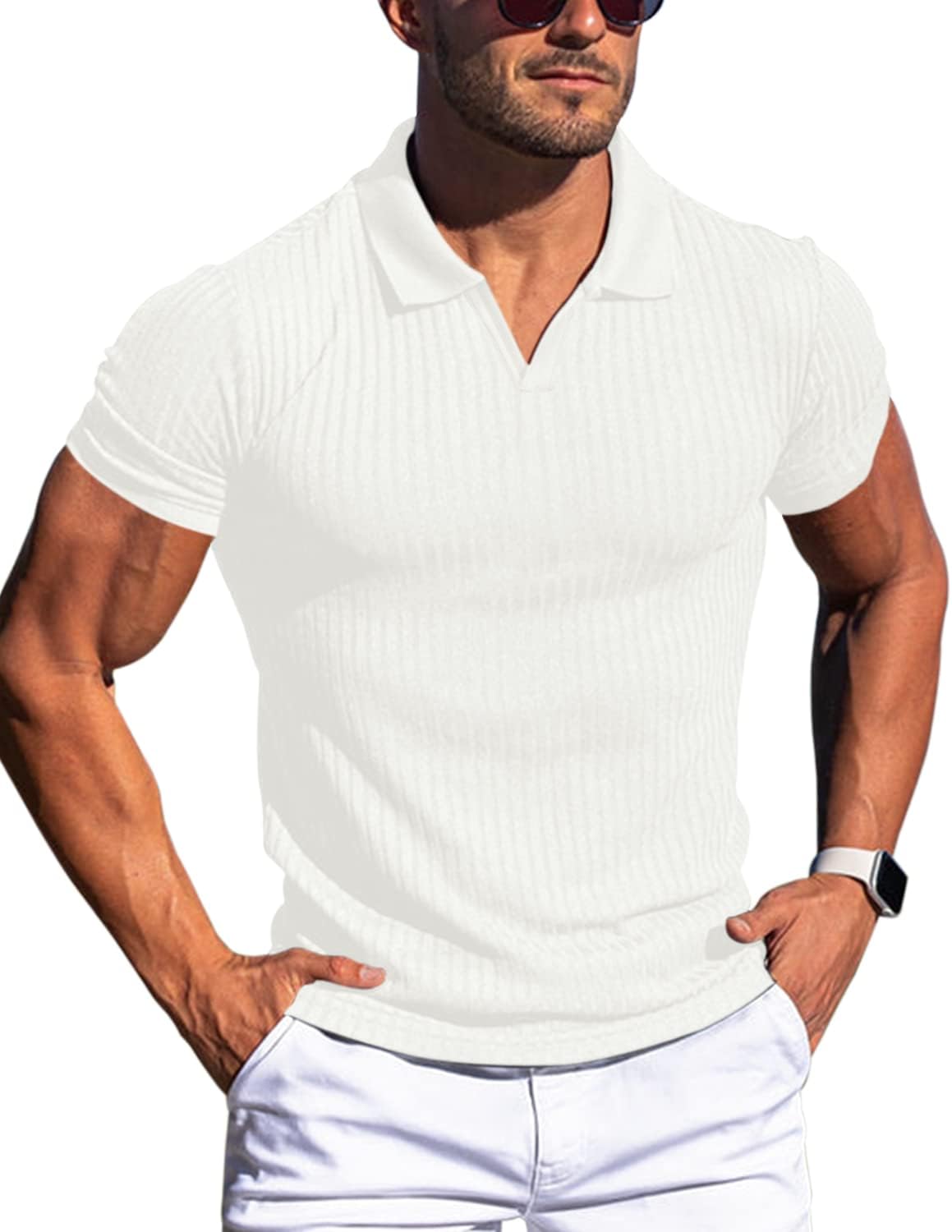 Men's Slim Fit Muscle V Neck Polo Shirt - Short Long Sleeve Cotton Golf Tee - Picture 38 of 162