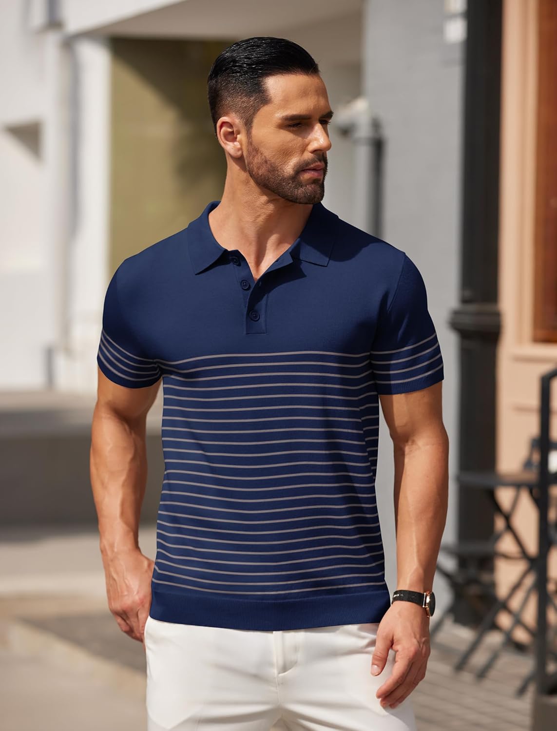 Camisa polo ligera a rayas para hombre - Camiseta de golf informal manga corta con cuello - Imagen 63 de 164