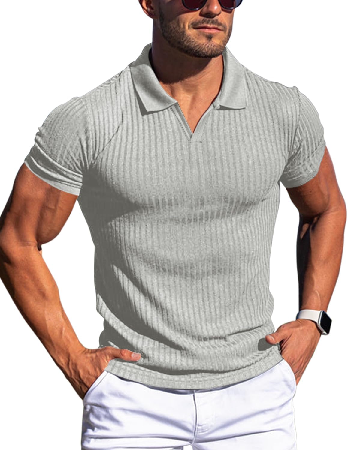 Men's Slim Fit Muscle V Neck Polo Shirt - Short Long Sleeve Cotton Golf Tee - Picture 44 of 162