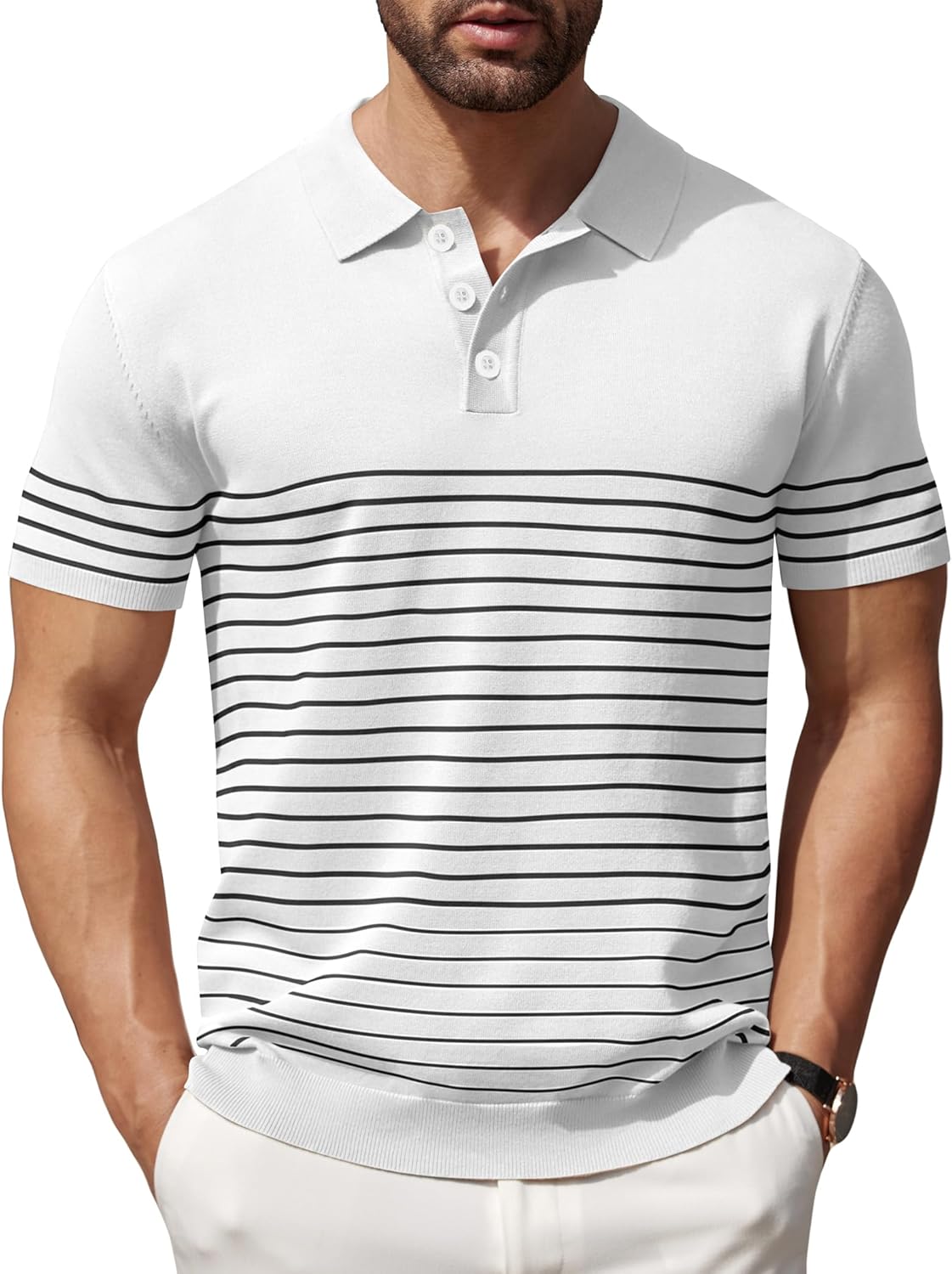 Camisa polo ligera a rayas para hombre - Camiseta de golf informal manga corta con cuello - Imagen 68 de 164