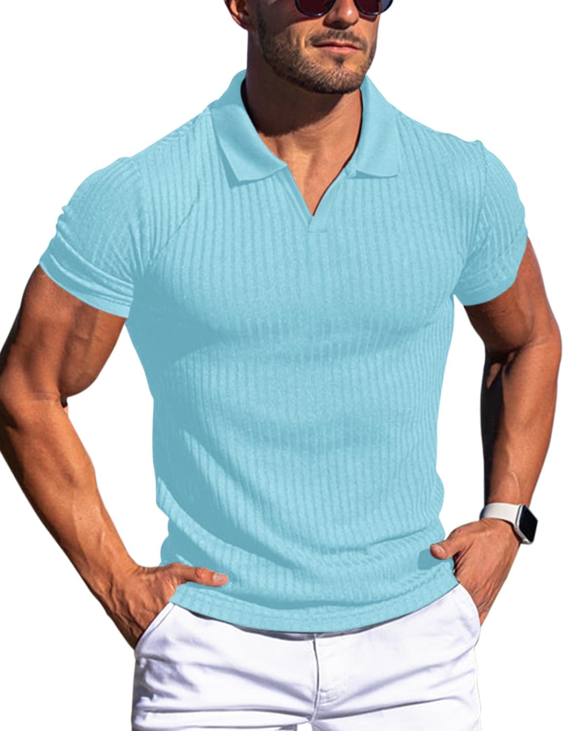 Men's Slim Fit Muscle V Neck Polo Shirt - Short Long Sleeve Cotton Golf Tee - Picture 50 of 162