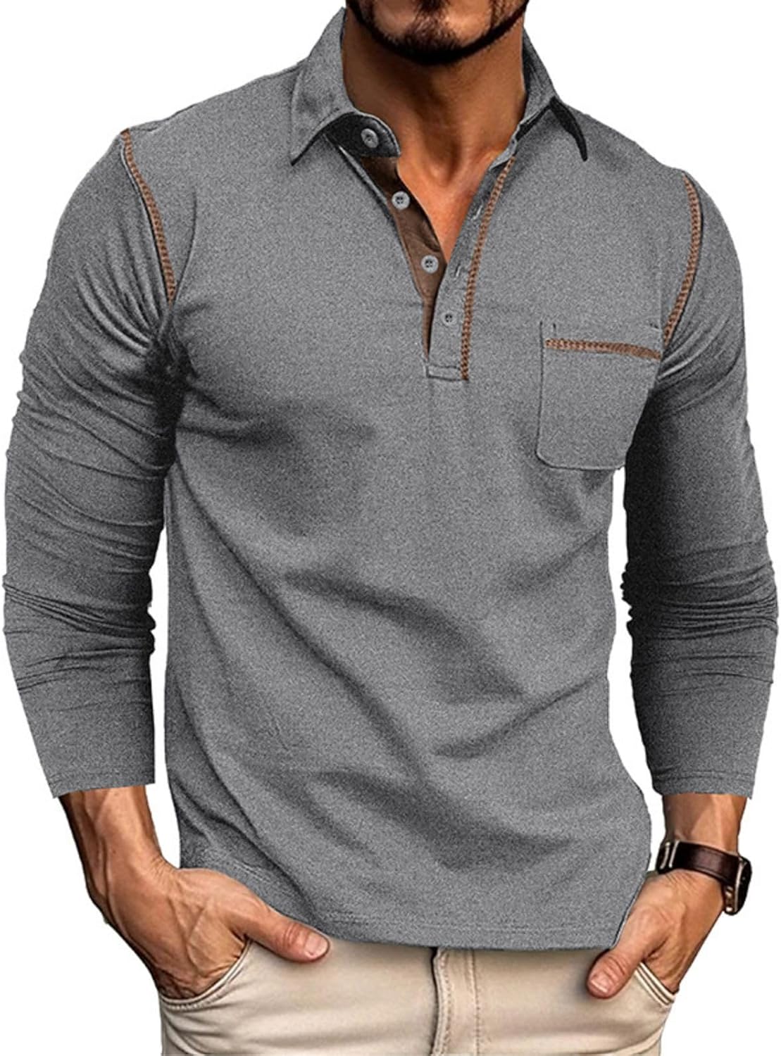 Men's Classic Long Sleeve Casual Polo Shirt Lightweight Cotton Golf Top - Picture 16 of 49