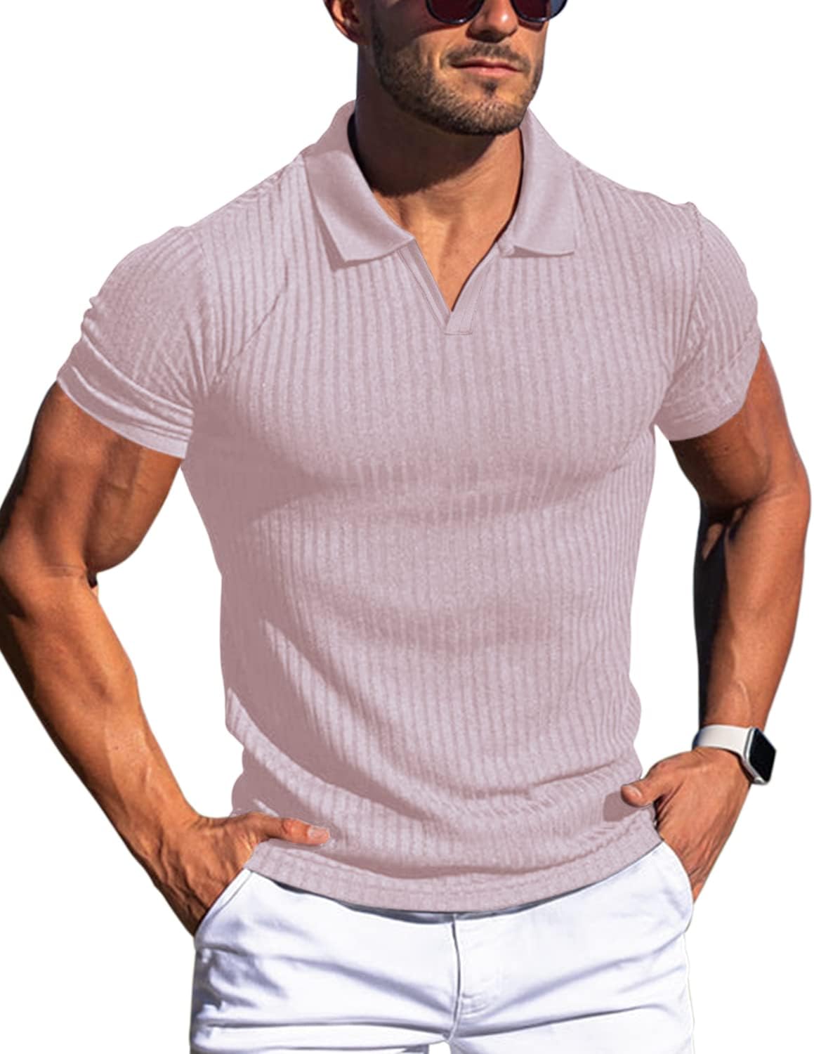Men's Slim Fit Muscle V Neck Polo Shirt - Short Long Sleeve Cotton Golf Tee - Picture 62 of 162