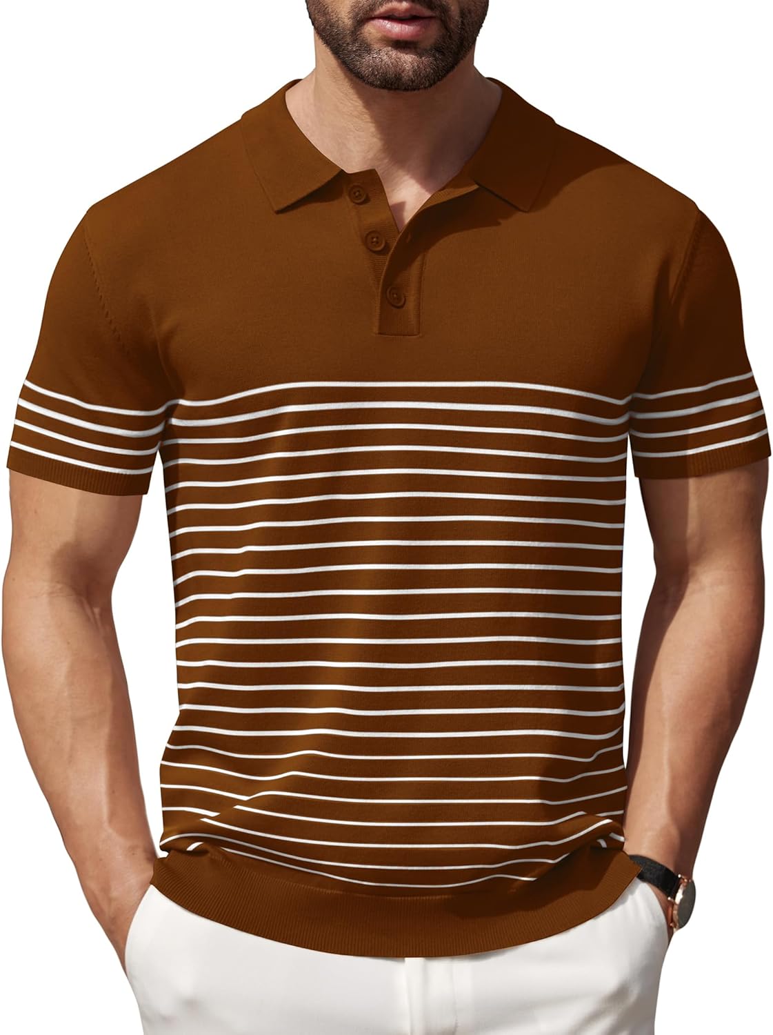 Camisa polo ligera a rayas para hombre - Camiseta de golf informal manga corta con cuello - Imagen 85 de 164