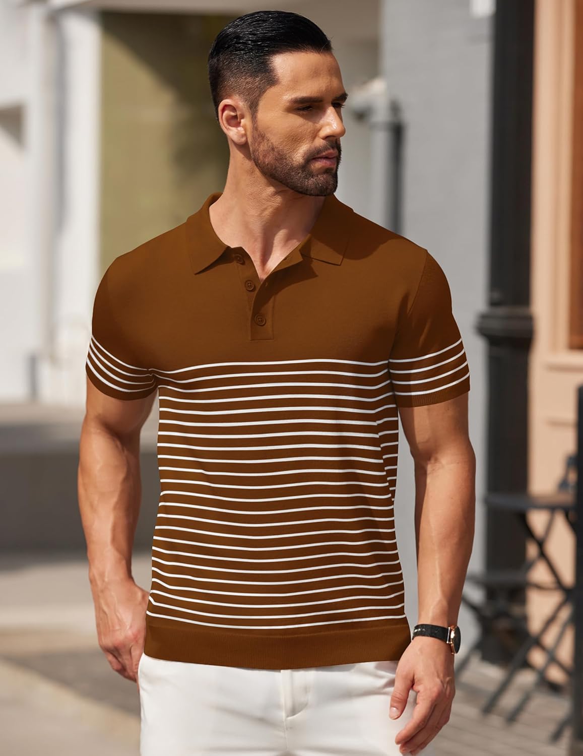 Camisa polo ligera a rayas para hombre - Camiseta de golf informal manga corta con cuello - Imagen 86 de 164