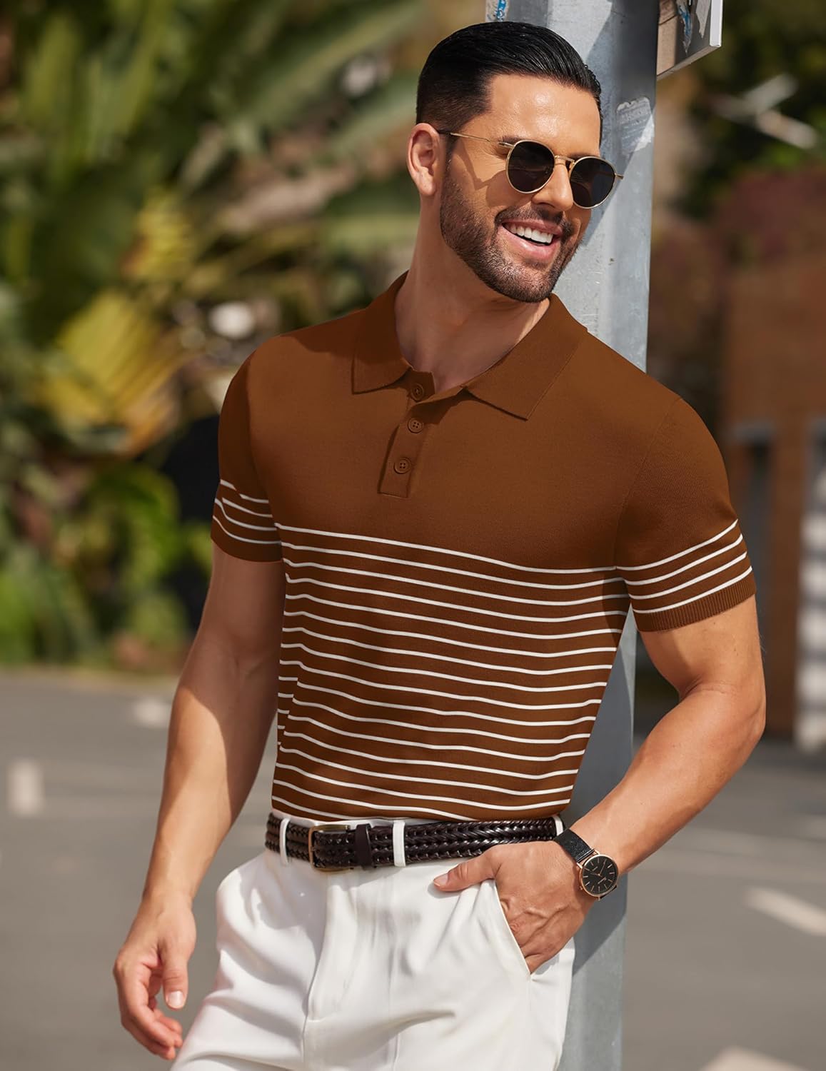 Camisa polo ligera a rayas para hombre - Camiseta de golf informal manga corta con cuello - Imagen 88 de 164