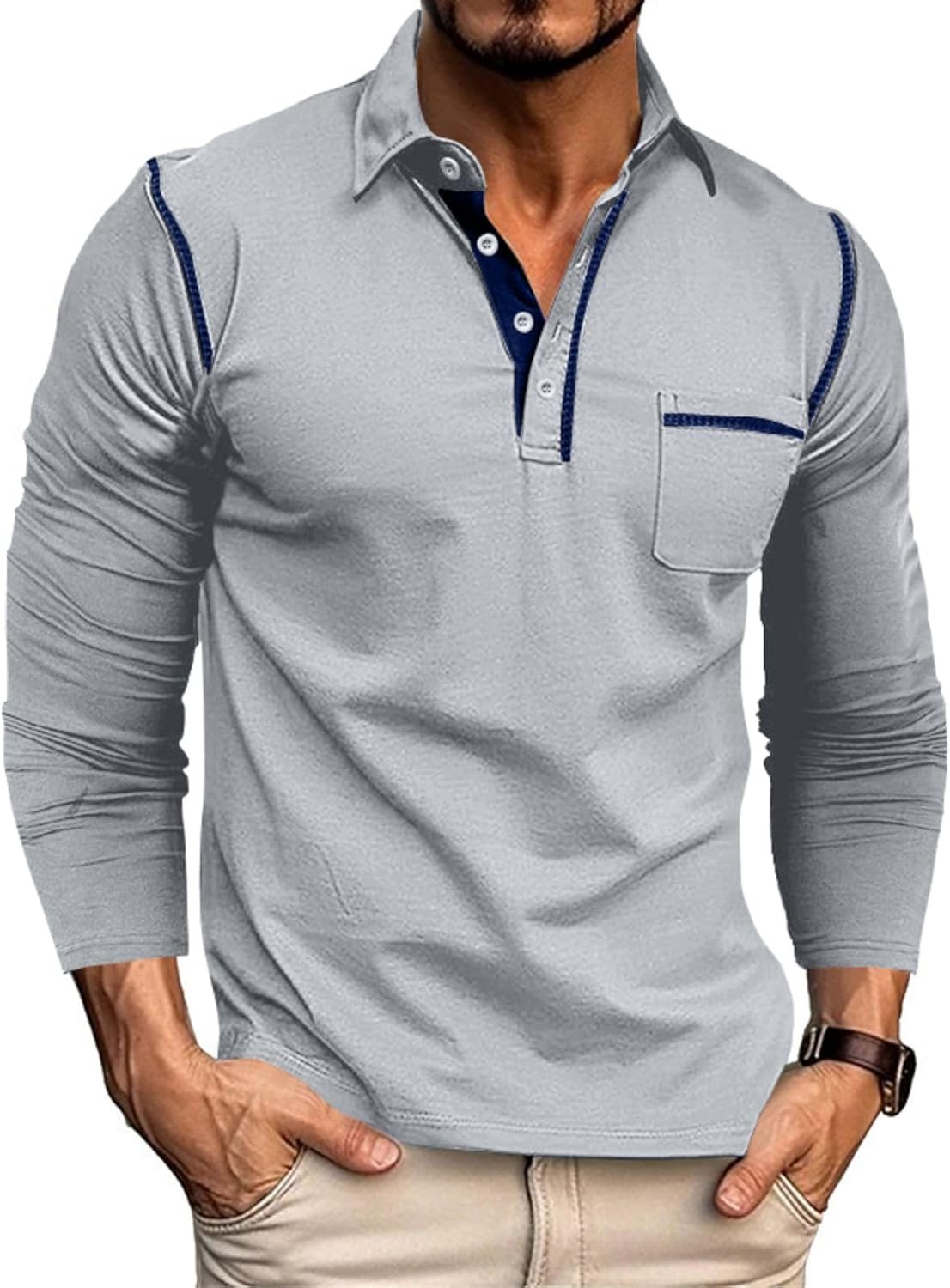 Men's Classic Long Sleeve Casual Polo Shirt Lightweight Cotton Golf Top - Picture 20 of 49