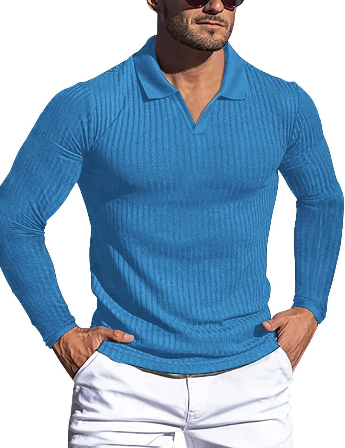 Men's Slim Fit Muscle V Neck Polo Shirt - Short Long Sleeve Cotton Golf Tee - Picture 68 of 162