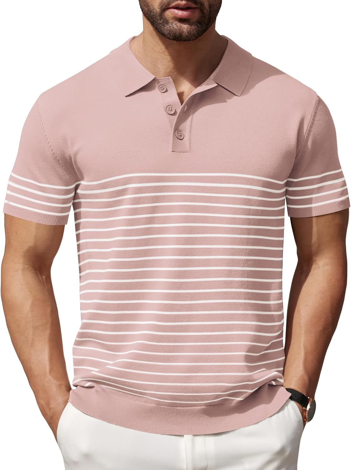 Camisa polo ligera a rayas para hombre - Camiseta de golf informal manga corta con cuello - Imagen 92 de 164