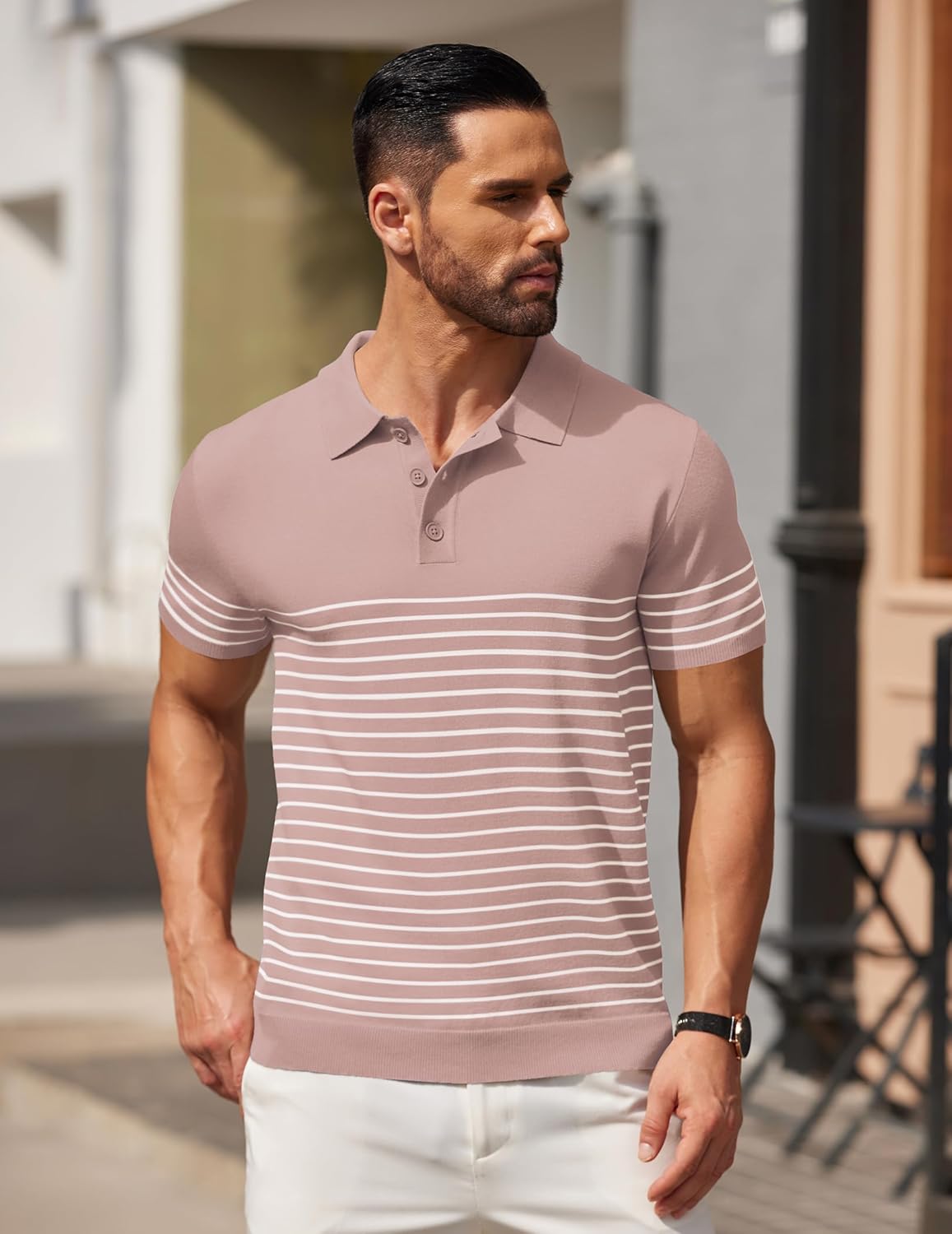 Camisa polo ligera a rayas para hombre - Camiseta de golf informal manga corta con cuello - Imagen 93 de 164