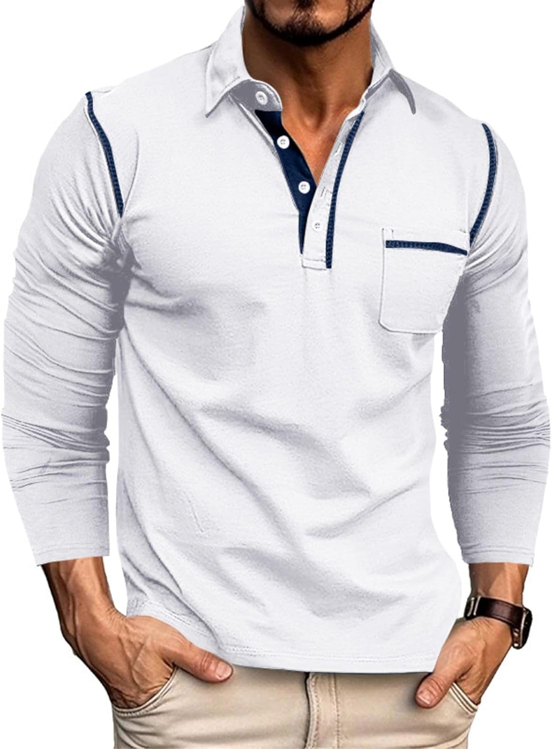 Men's Classic Long Sleeve Casual Polo Shirt Lightweight Cotton Golf Top - Picture 25 of 49