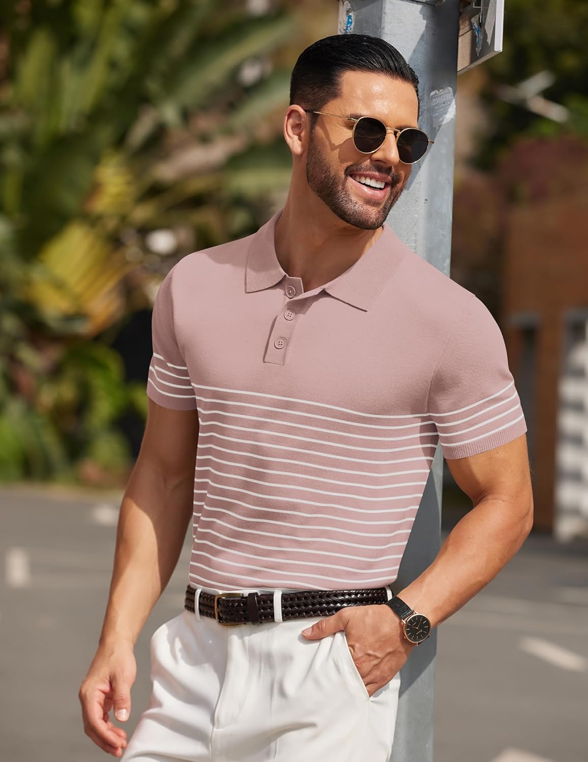 Camisa polo ligera a rayas para hombre - Camiseta de golf informal manga corta con cuello - Imagen 95 de 164