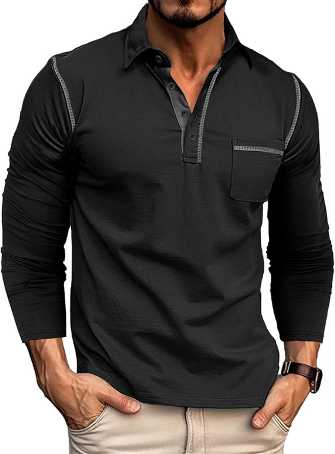 Men's Classic Long Sleeve Casual Polo Shirt Lightweight Cotton Golf Top - Picture 26 of 49