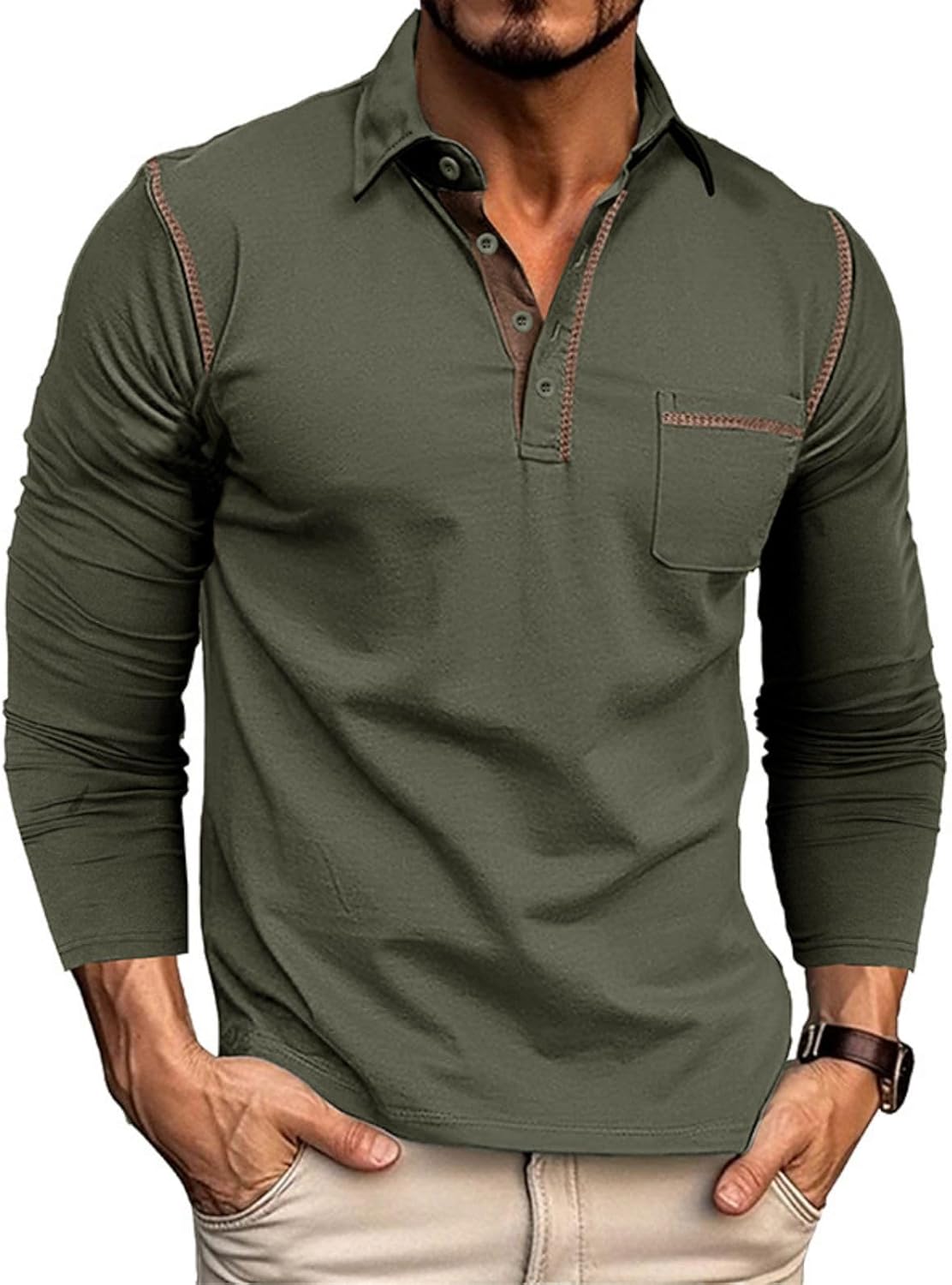 Men's Classic Long Sleeve Casual Polo Shirt Lightweight Cotton Golf Top - Picture 29 of 49
